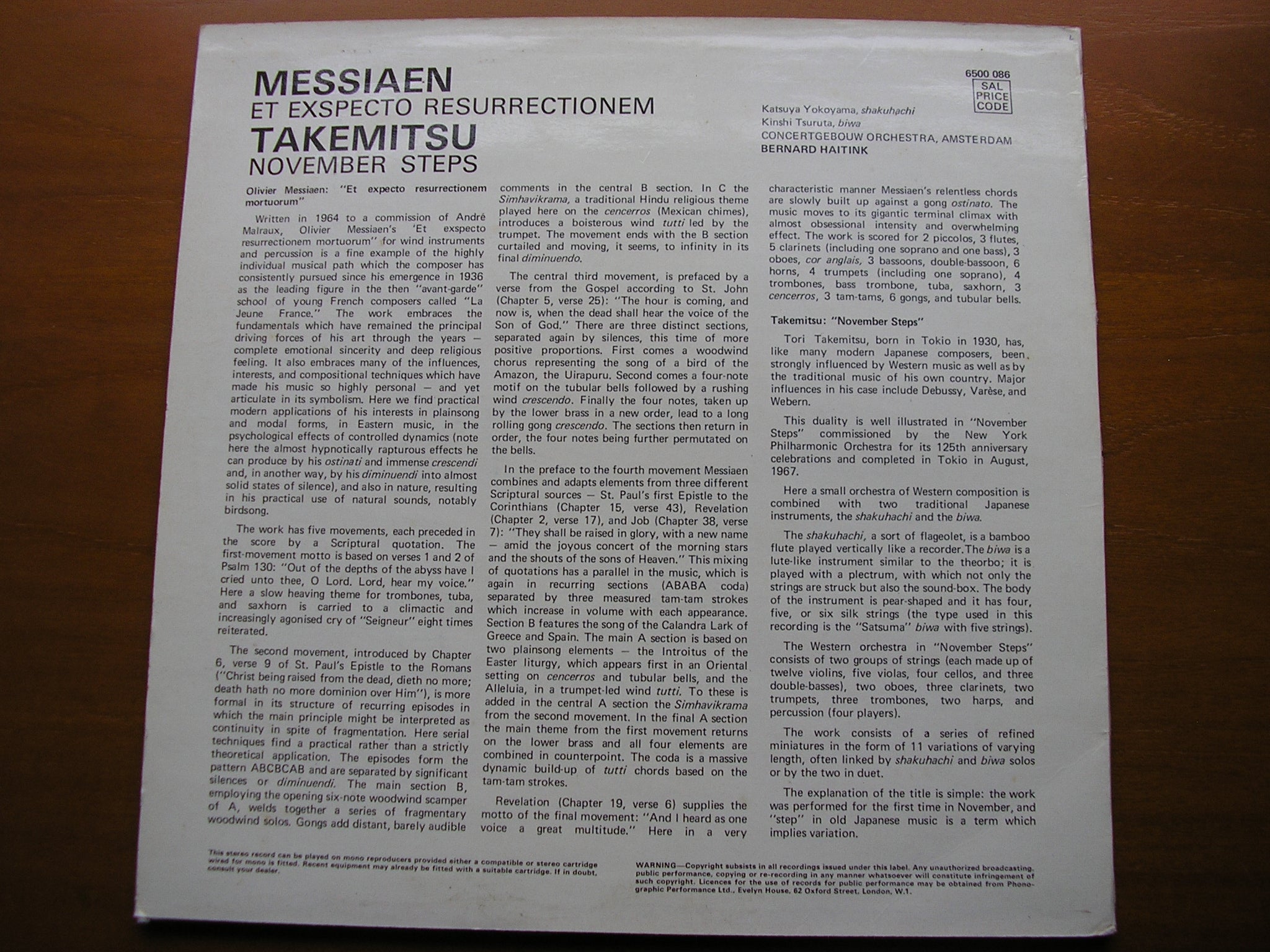 MESSIAEN: ET EXSPECTO RESURRECTIONEM    TAKEMITSU: NOVEMBER STEPS    SOLOISTS / CONCERTGEBOUW / HAITINK     6500 086