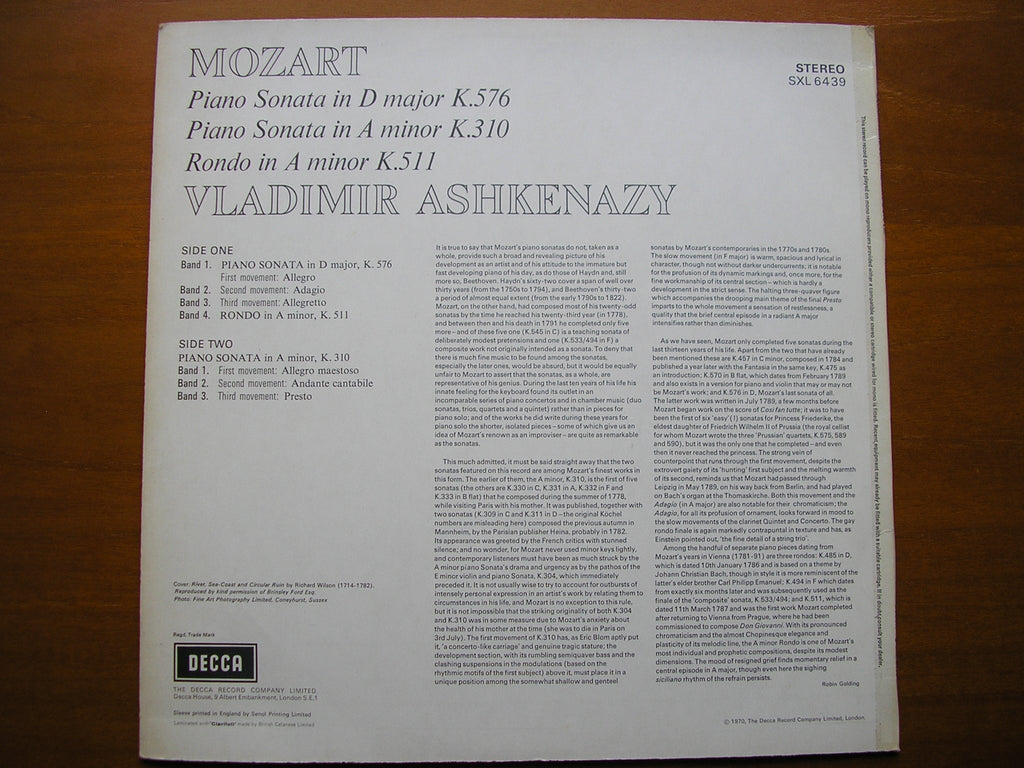 SXL 6439 MOZART: PIANO SONATAS  K310 & K576 / RONDO K511       ASHKENAZY     ED3