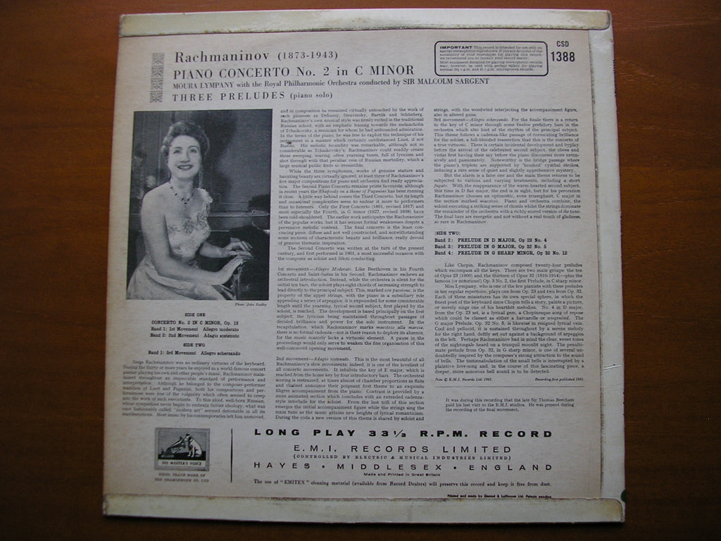 RACHMANINOV: PIANO CONCERTO No. 2 / THREE PRELUDES     LYMPANY / ROYAL PHILHARMONIC / SARGENT     CSD 1388