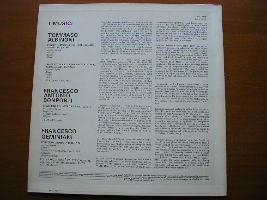 ALBINONI / GEMINIANI / BONPORTI: FOUR CONCERTOS     I MUSICI    SAL 3759
