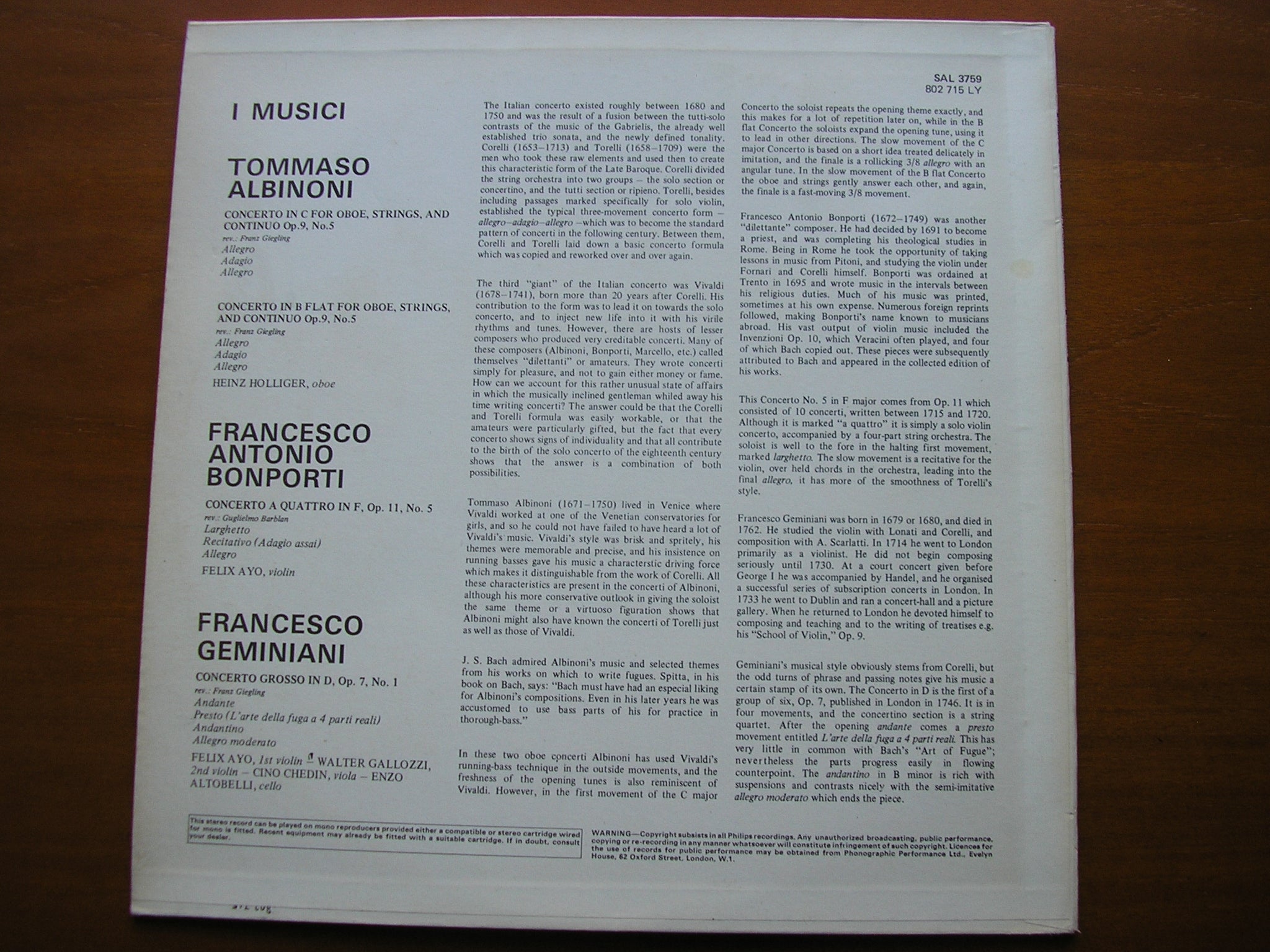 ALBINONI / GEMINIANI / BONPORTI: FOUR CONCERTOS     I MUSICI    SAL 3759