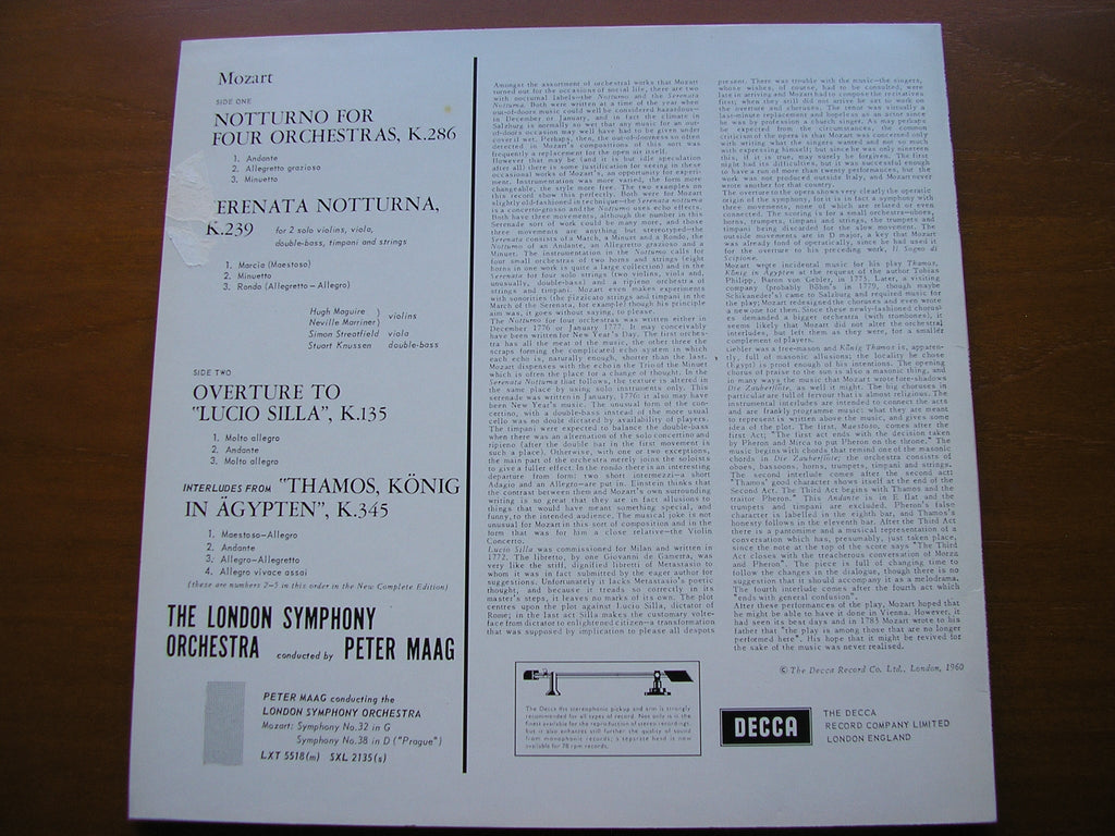 SXL 2196 MOZART: NOTTURNO K286 / SERENATA NOTTURNA K239 / THAMOS / OVERTURE Lucio Silla PETER MAAG / LONDON SYMPHONY