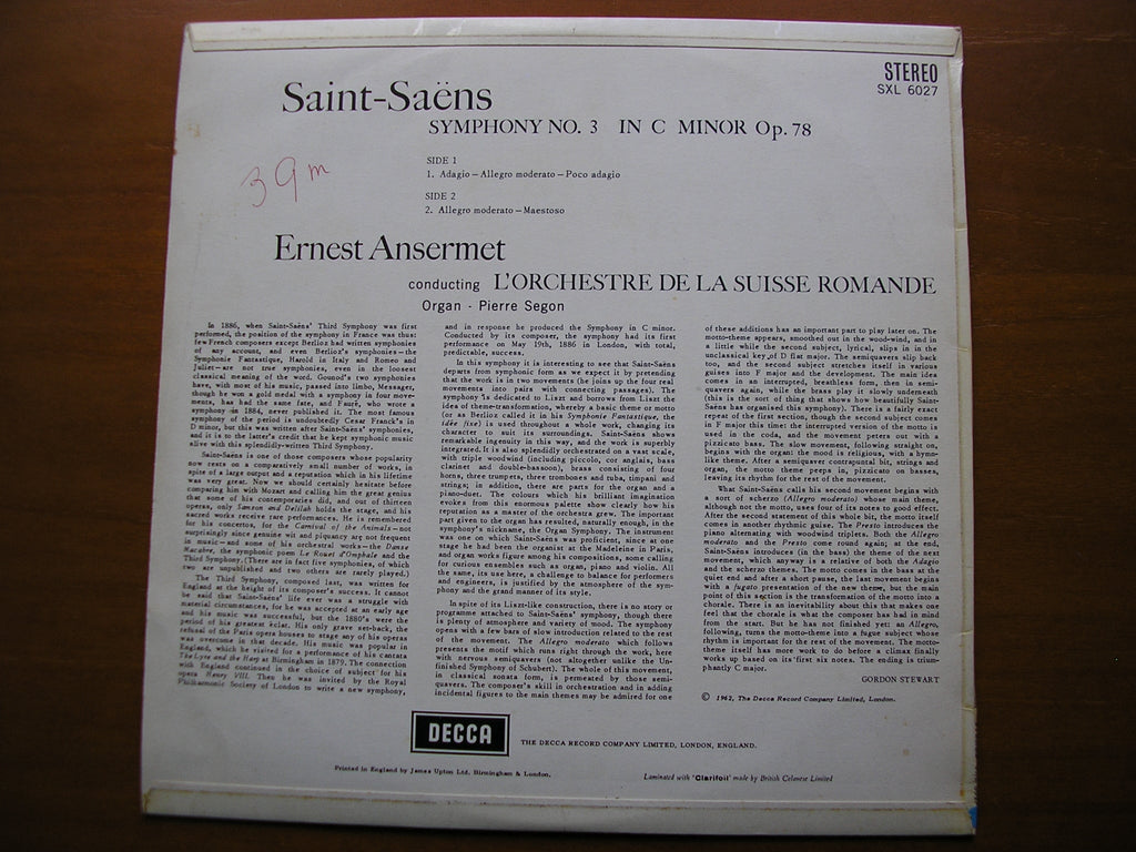 SXL 6027  SAINT-SAENS: SYMPHONY No. 3      ANSERMET / SUISSE ROMANDE     ED1