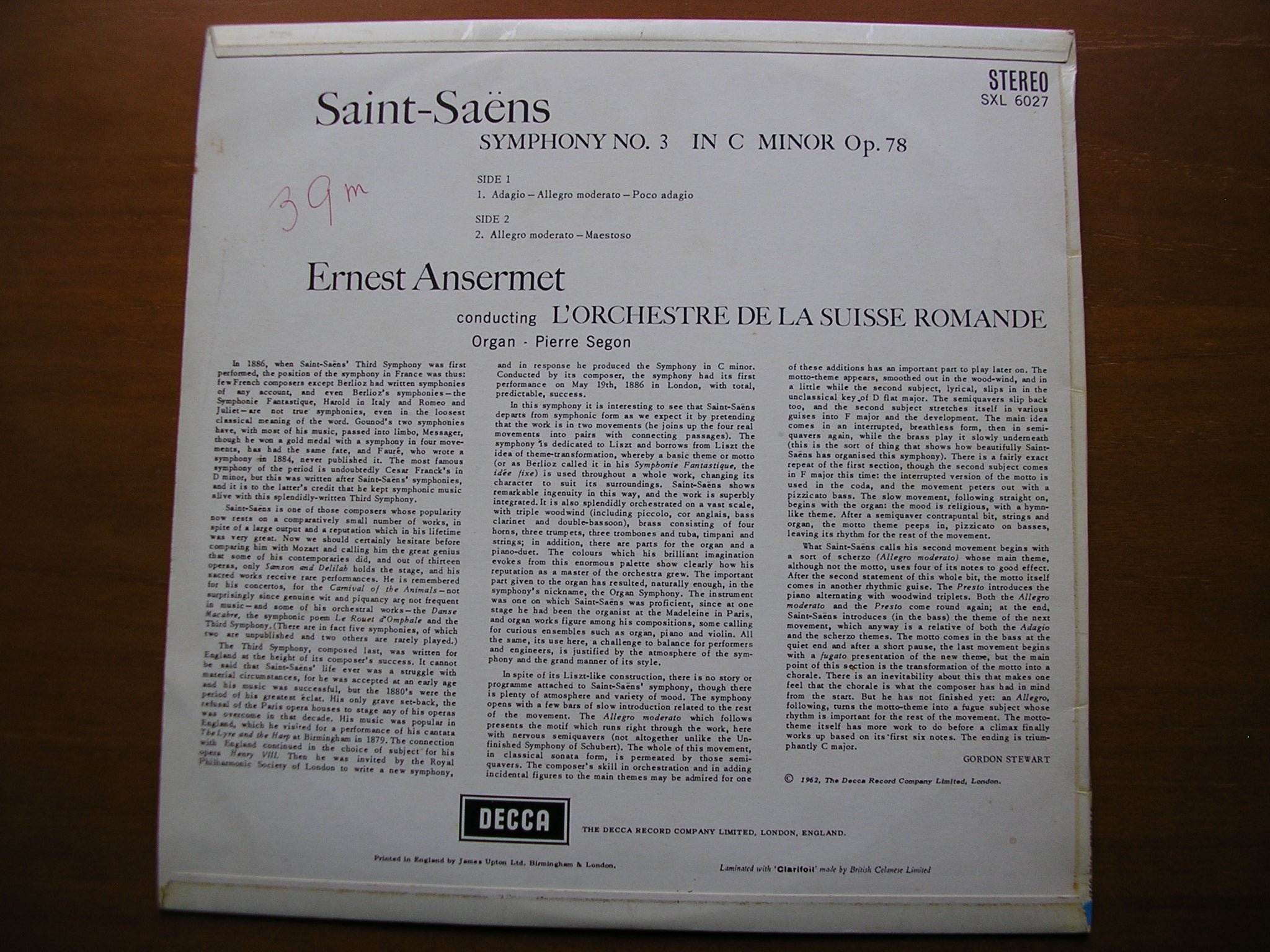 SXL 6027  SAINT-SAENS: SYMPHONY No. 3      ANSERMET / SUISSE ROMANDE     ED1
