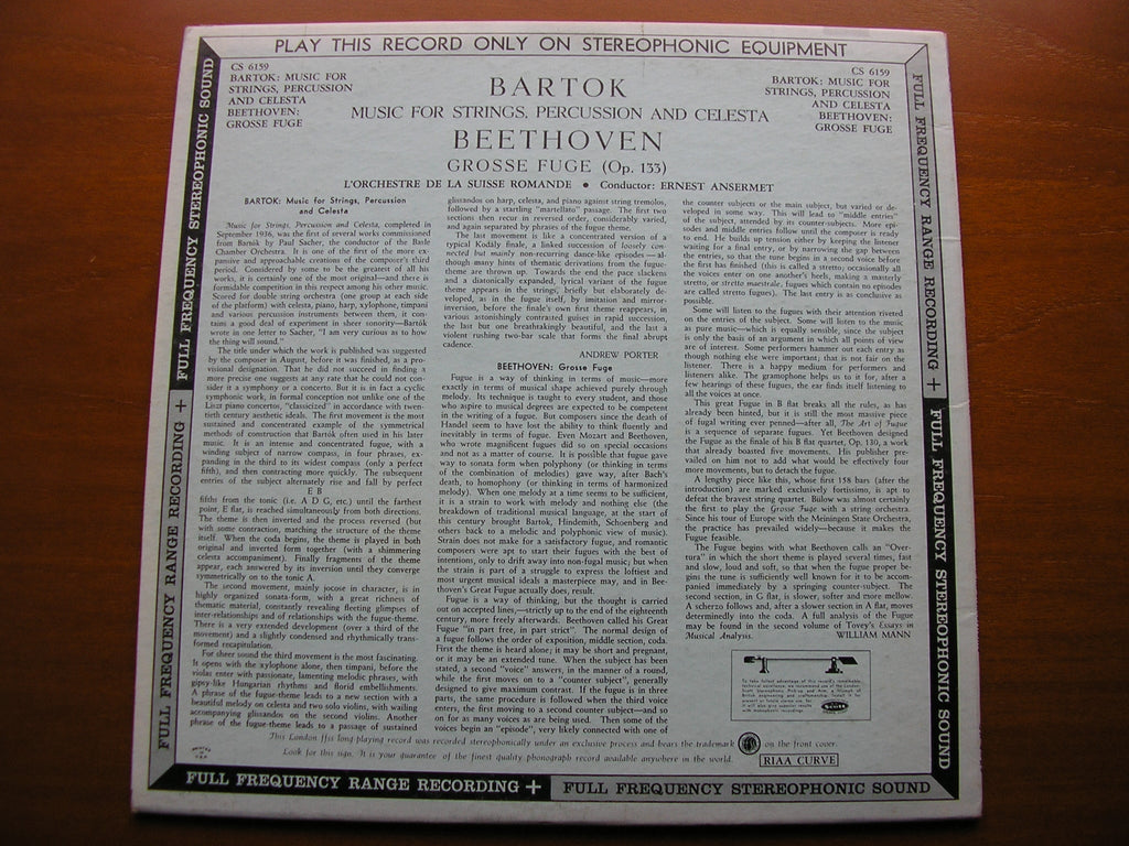 BARTOK: MUSIC FOR STRINGS, PERCUSSION & CELESTA / BEETHOVEN: GROSSE FUGE     ANSERMET / SUISSE ROMANDE ORCHESTRA    CS 6159