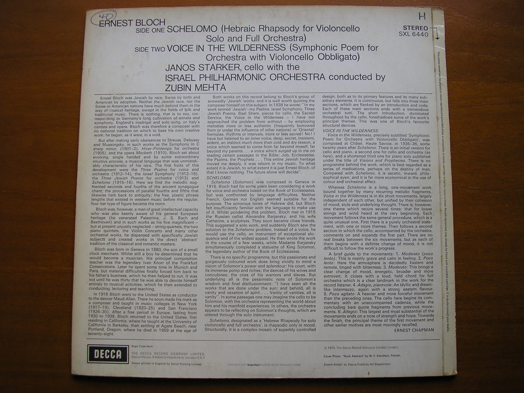 SXL 6440 BLOCH: SCHELOMO / VOICE IN THE WILDERNESS     STARKER / ISRAEL PHILHARMONIC      ED3