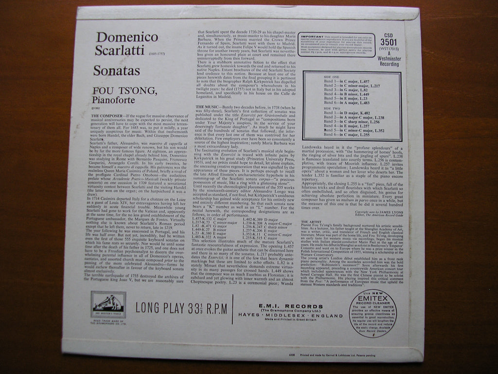 SCARLATTI: TWELVE KEYBOARD SONATAS      FOU TS'ONG      CSD 3501