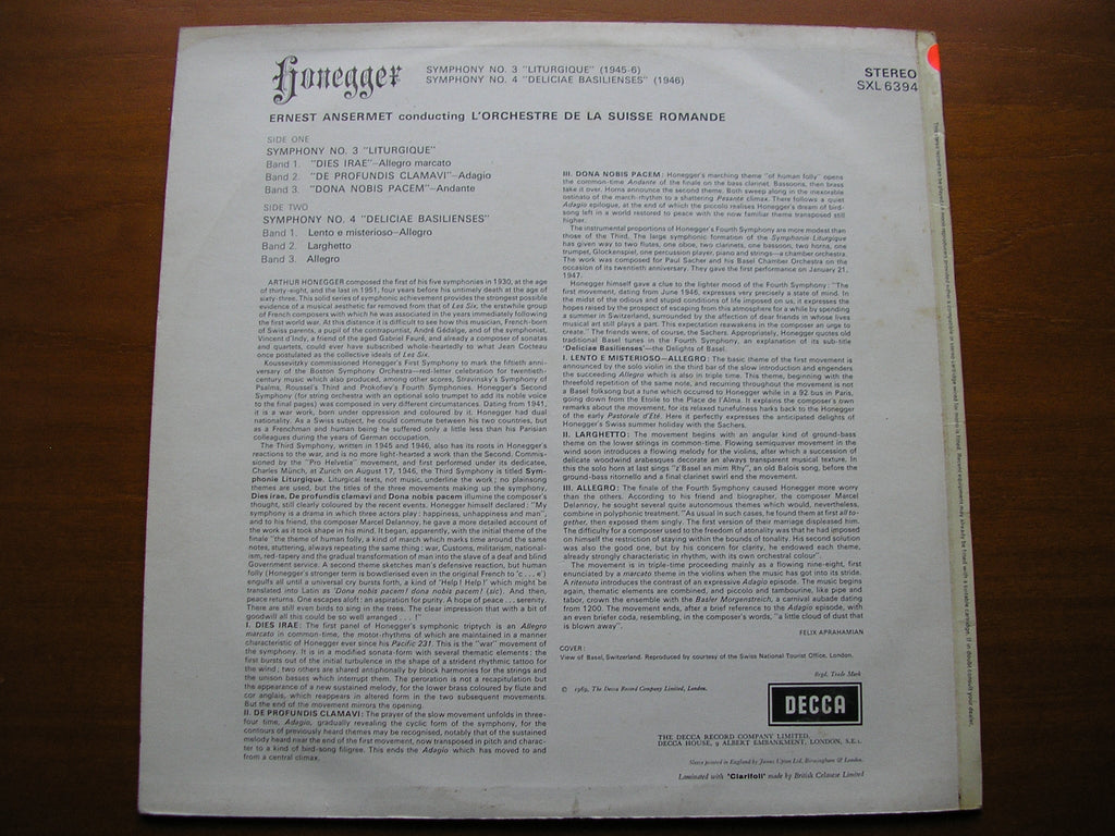 SXL 6394 HONEGGER: SYMPHONIES Nos. 3 & 4 ANSERMET / SUISSE ROMANDE test pressing