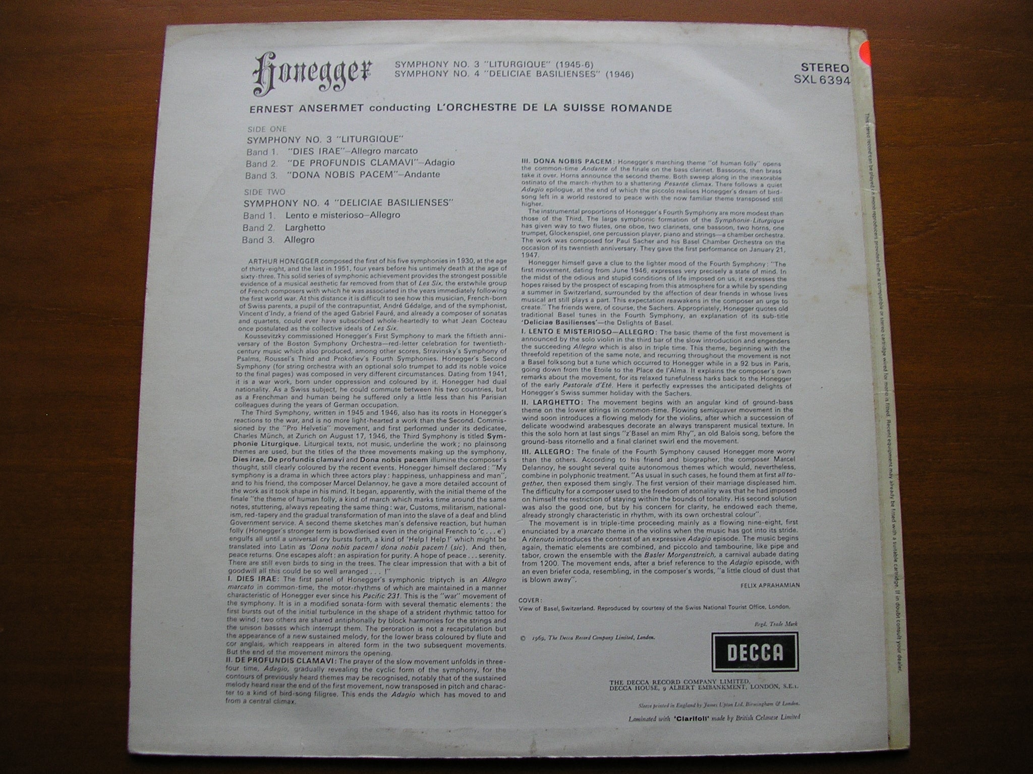 SXL 6394 HONEGGER: SYMPHONIES Nos. 3 & 4 ANSERMET / SUISSE ROMANDE test pressing