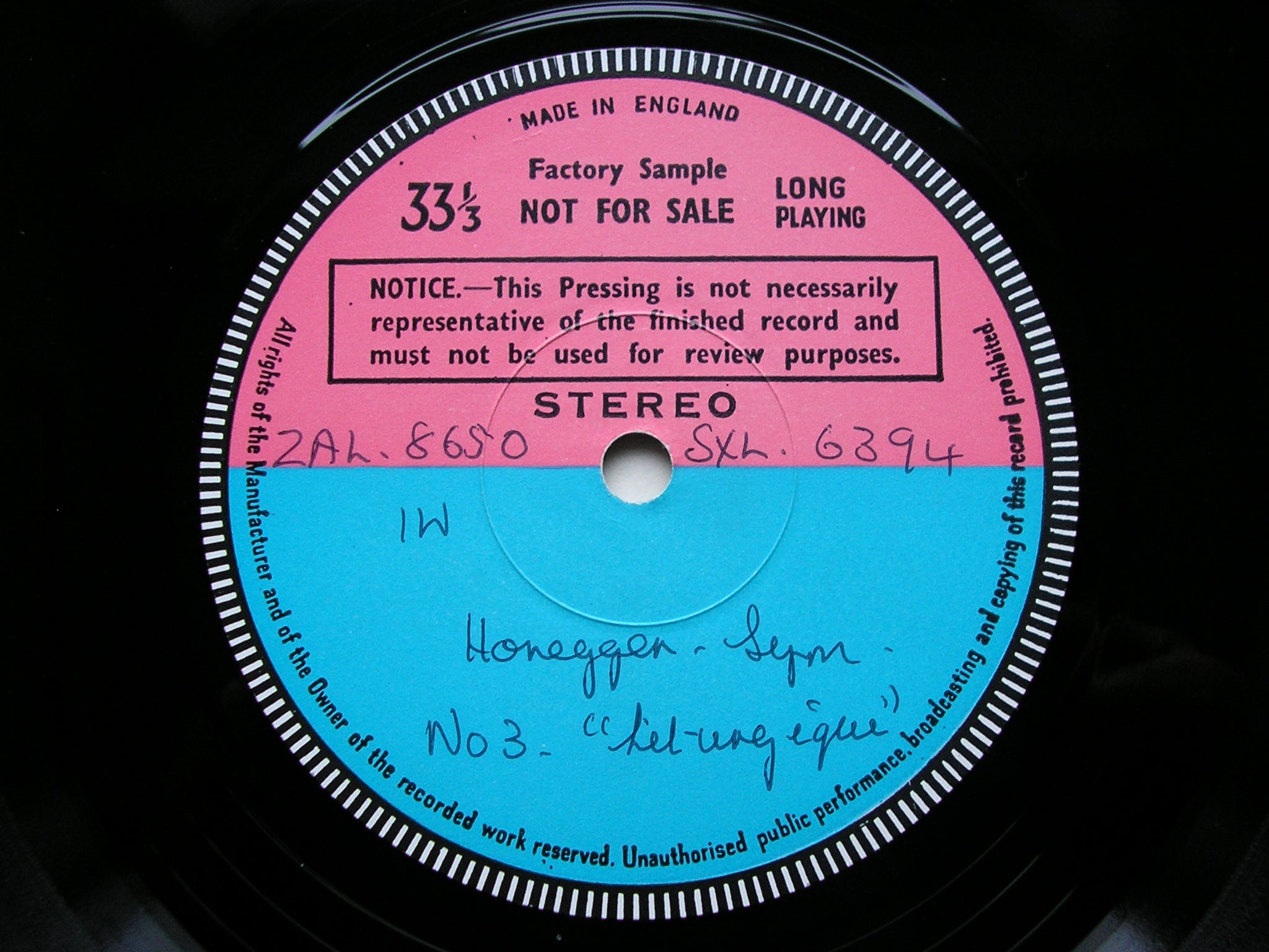 SXL 6394 HONEGGER: SYMPHONIES Nos. 3 & 4 ANSERMET / SUISSE ROMANDE test pressing