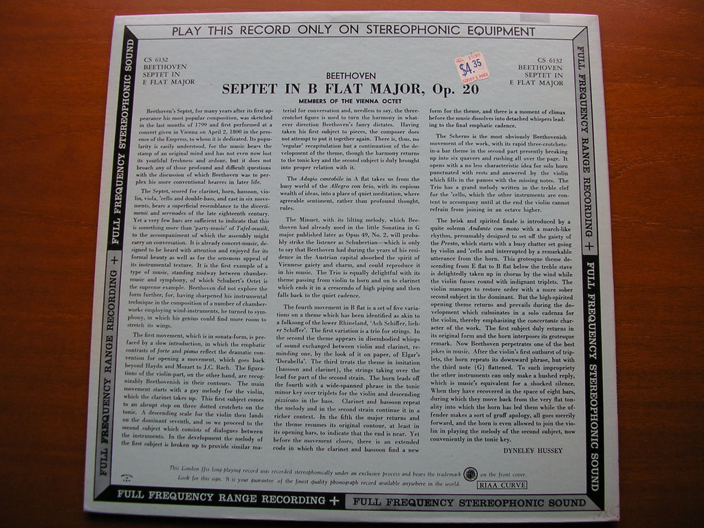 BEETHOVEN: SEPTET Op. 20    MEMBERS OF THE VIENNA OCTET    CS 6132