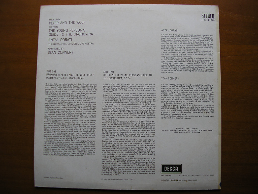 BRITTEN: YOUNG PERSON'S GUIDE TO THE ORCHESTRA / PROKOFIEV: PETER & THE WOLF     CONNERY / ROYAL PHILHARMONIC / DORATI     PFS 4104