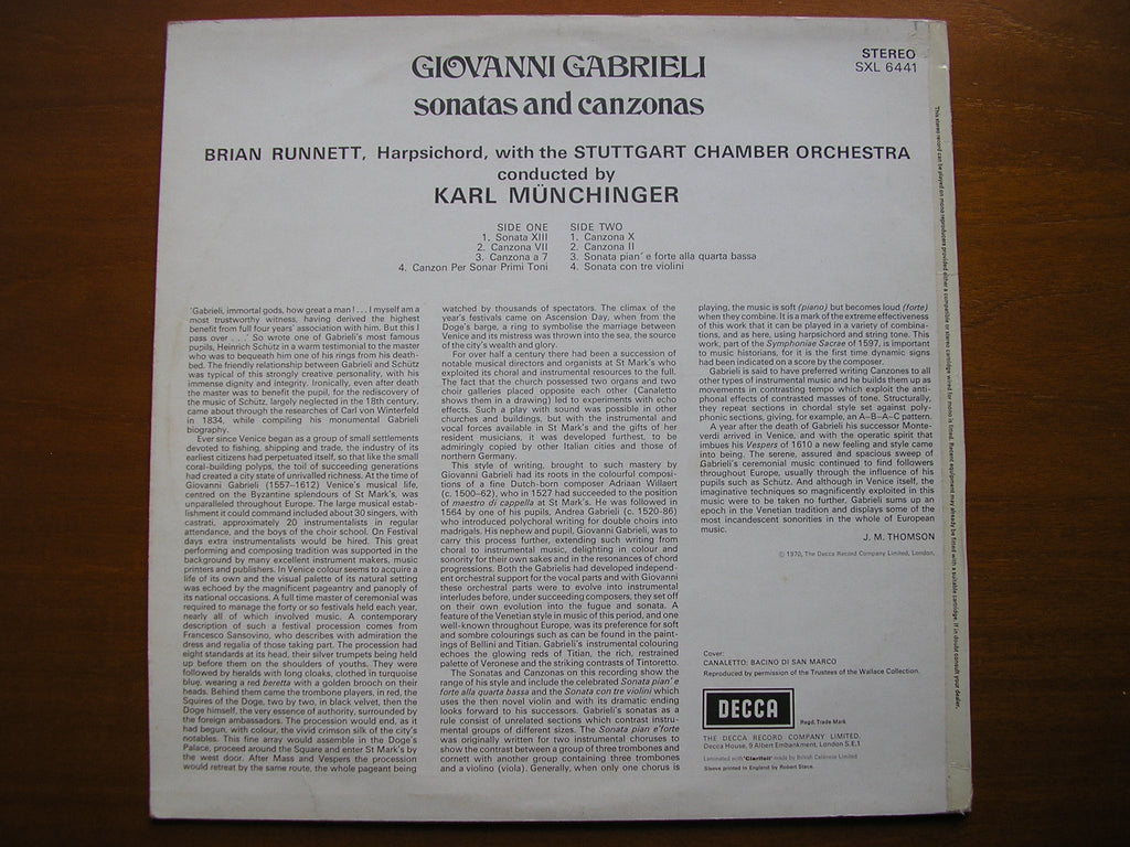 SXL 6441 GABRIELI: SONATAS & CANZONAS    RUNNETT / STUTTGART CHAMBER ORCHESTRA / MUNCHINGER     ED3