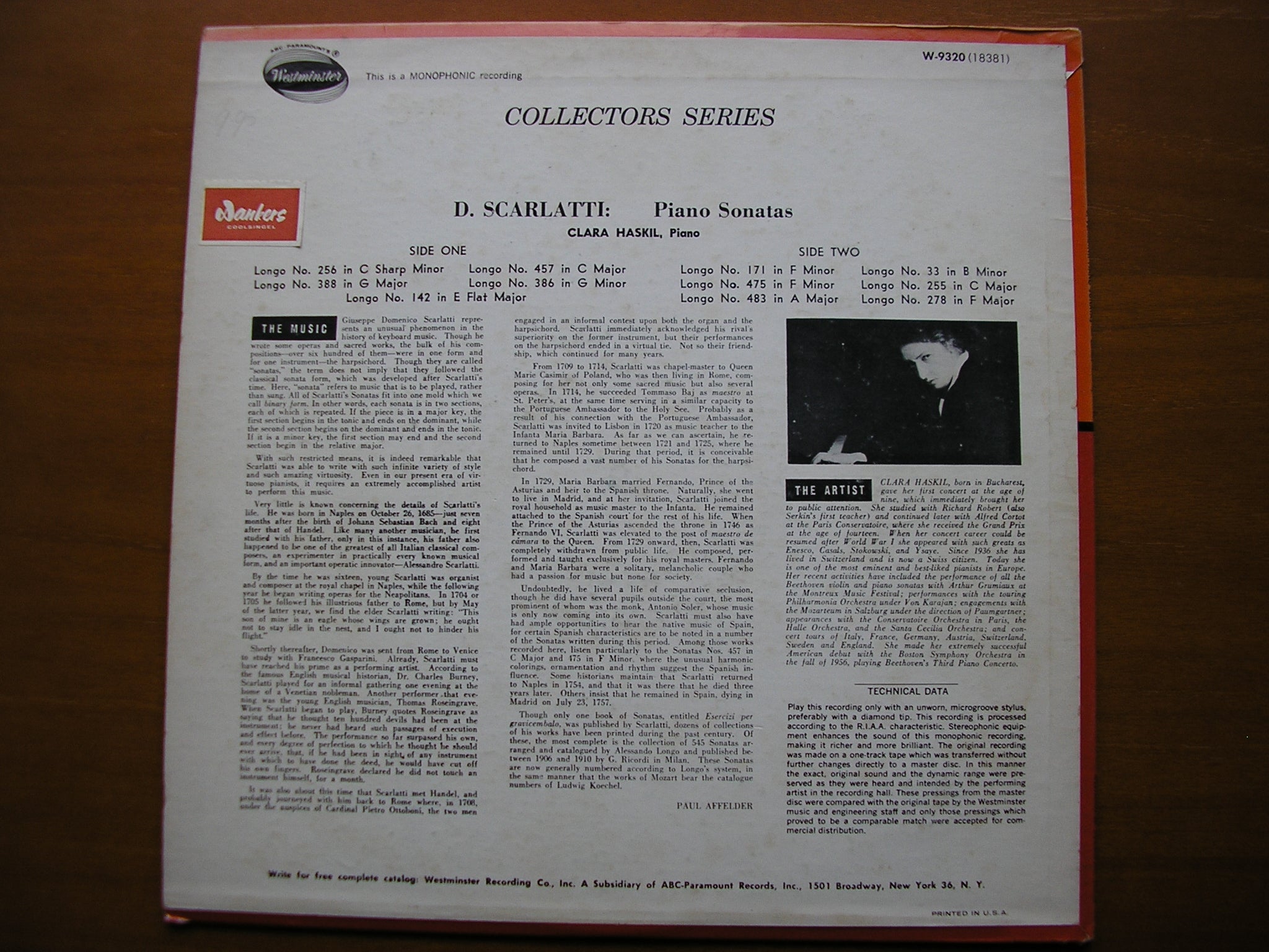SCARLATTI: ELEVEN KEYBOARD SONATAS     CLARA HASKIL    W-9320