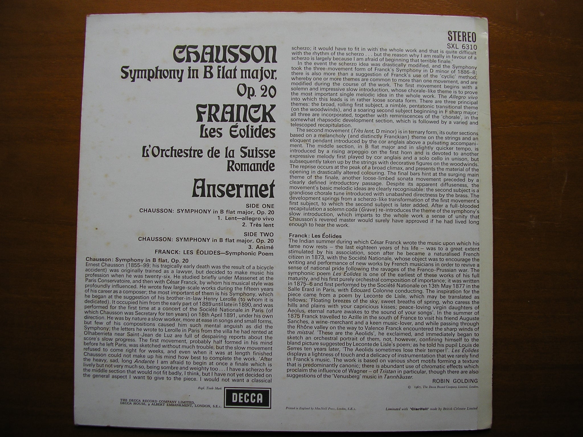 SXL 6310  CHAUSSON: SYMPHONY in B / FRANCK; LES EOLIDES      ANSERMET / SUISSE ROMANDE    ED2