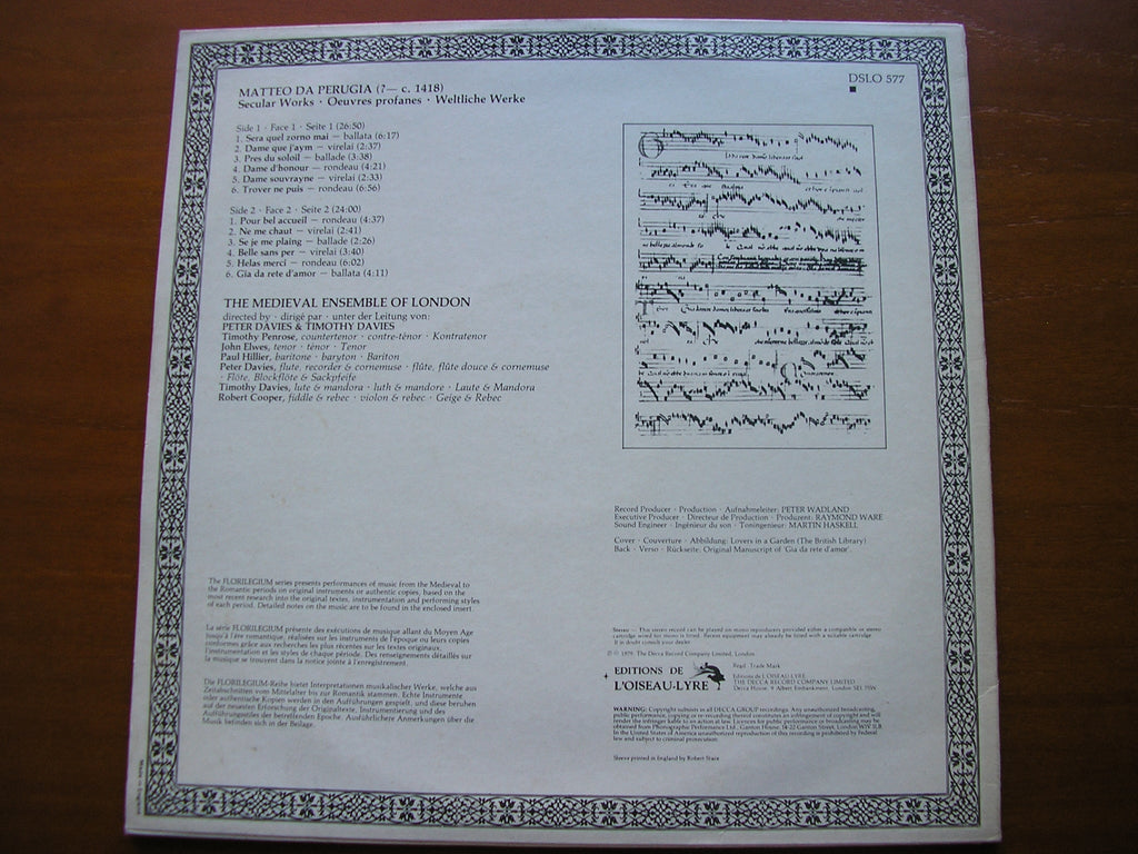 MATTEO DA PERUGIA: SECULAR WORKS THE MEDIEVAL ENSEMBLE OF LONDON DSLO 577