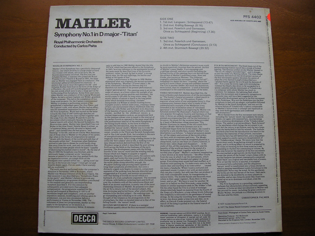 MAHLER: SYMPHONY No. 1     PAITA / ROYAL PHILHARMONIC    test pressing    PFS 4402