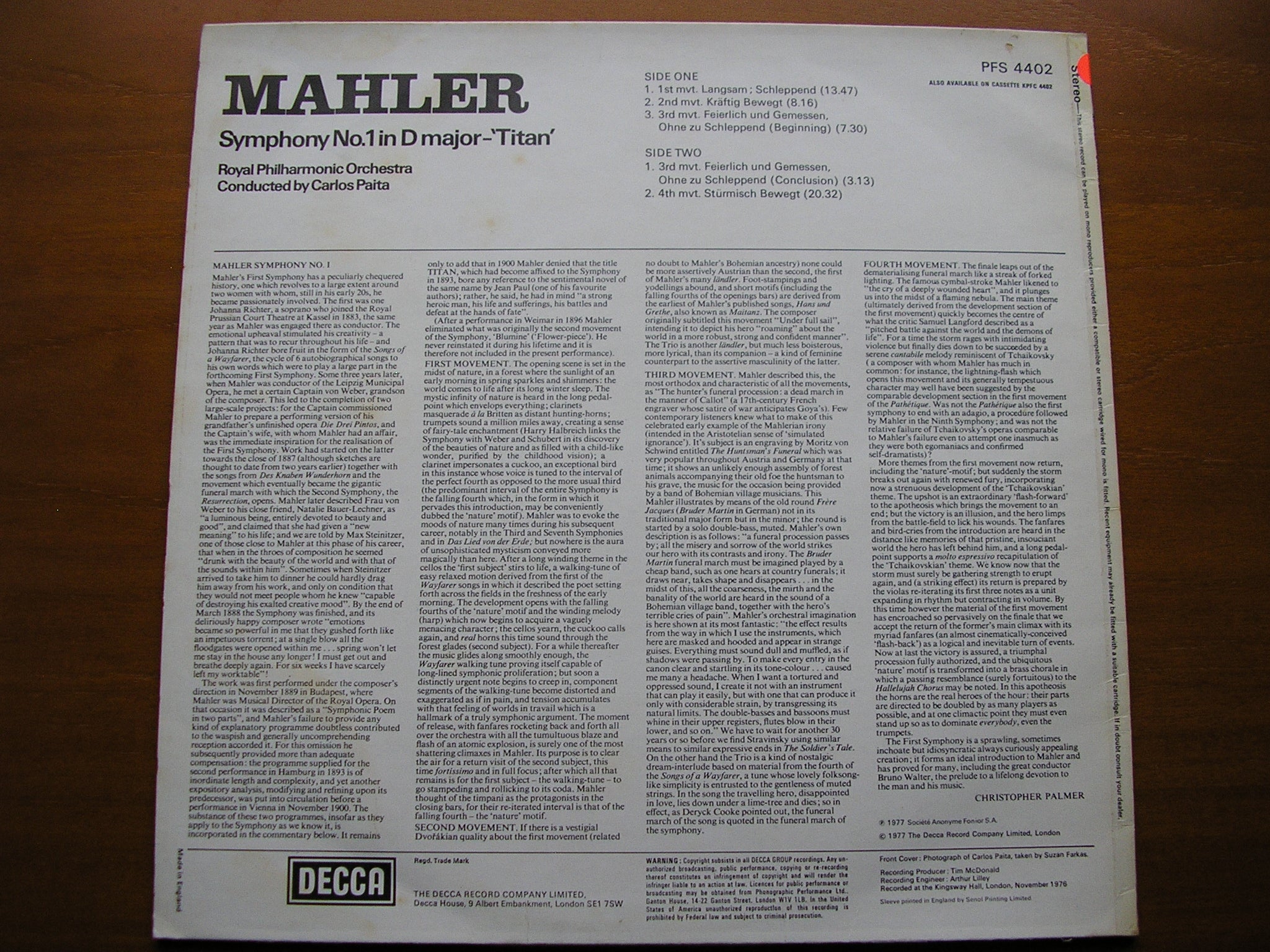 MAHLER: SYMPHONY No. 1     PAITA / ROYAL PHILHARMONIC    test pressing    PFS 4402