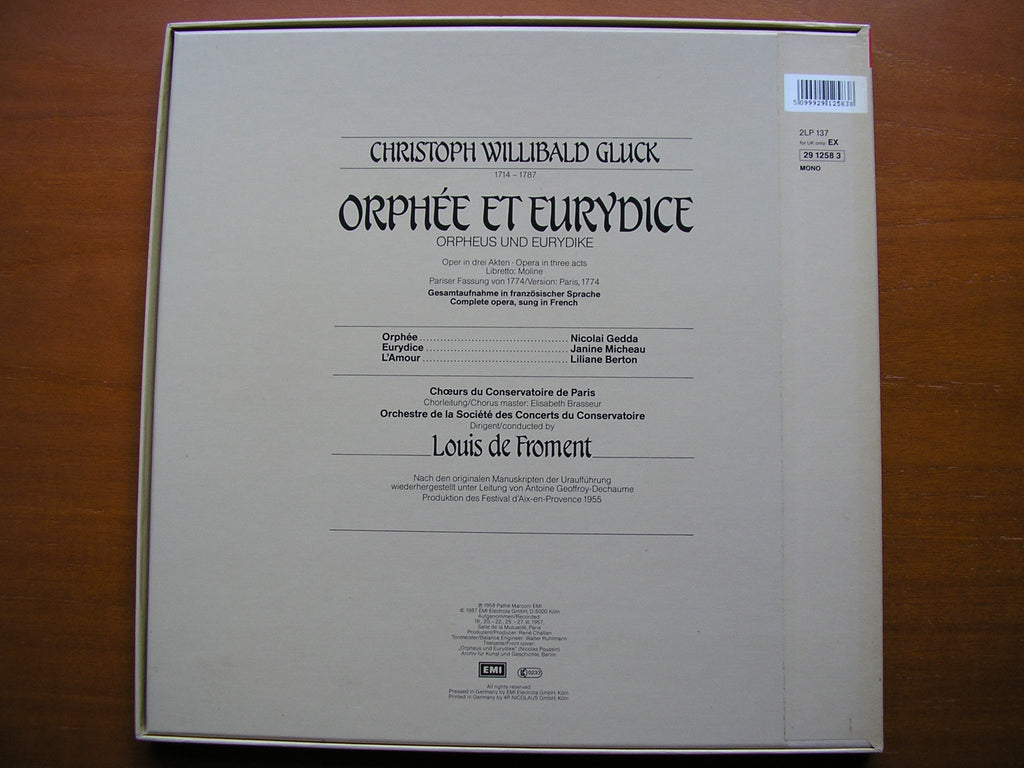 GLUCK: ORPHEE ET EURYDICE (1774)    GEDDA / MICHEAU / BERTON / PARIS CONSERVATOIRE / DE FROMENT     2LP    29 1258