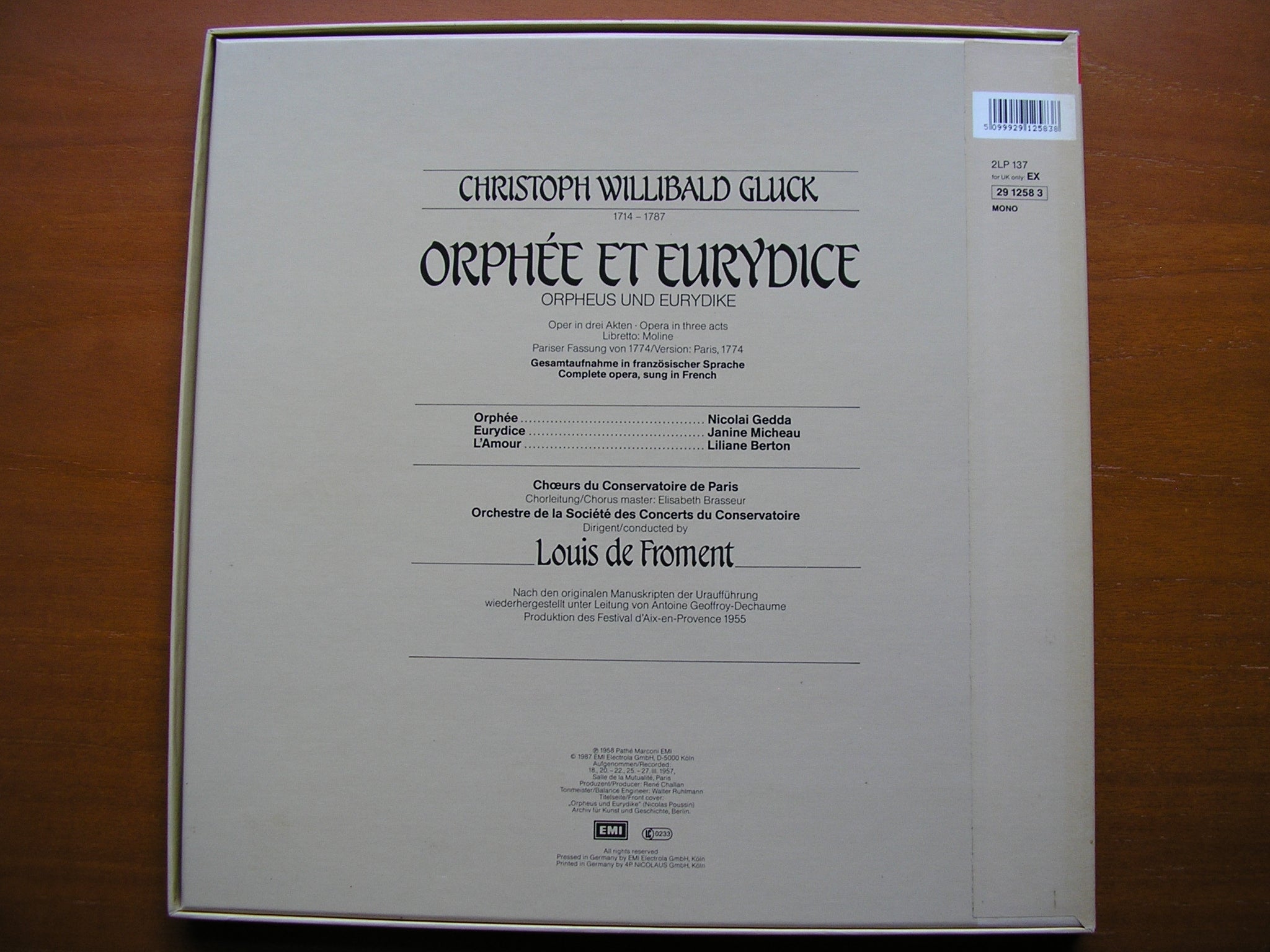 GLUCK: ORPHEE ET EURYDICE (1774)    GEDDA / MICHEAU / BERTON / PARIS CONSERVATOIRE / DE FROMENT     2LP    29 1258