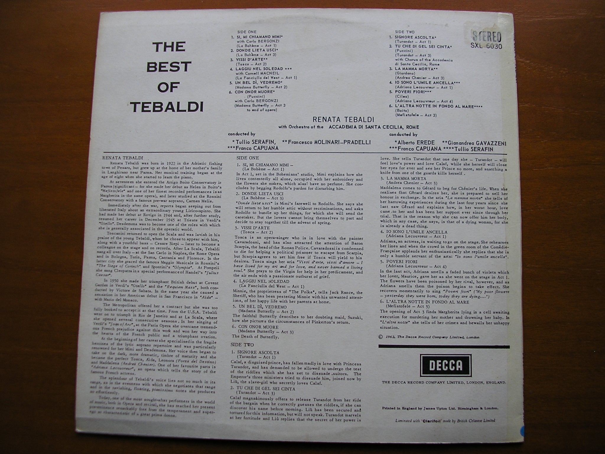 SXL 6030  THE BEST OF TEBALDI: OPERA ARIAS      RENATA TEBALDI / SERAFIN / MOLINARI-PRADELLI / CAPUANA       ED1
