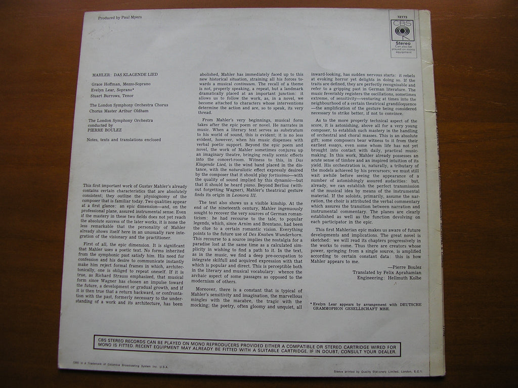MAHLER: DAS KLAGENDE LIED      SOLOISTS / LONDON SYMPHONY / BOULEZ     72773