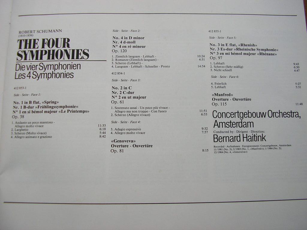 SCHUMANN: THE FOUR SYMPHONIES / TWO OVERTURES      HAITINK / CONCERTGEBOUW ORCHESTRA    3LP    412 852