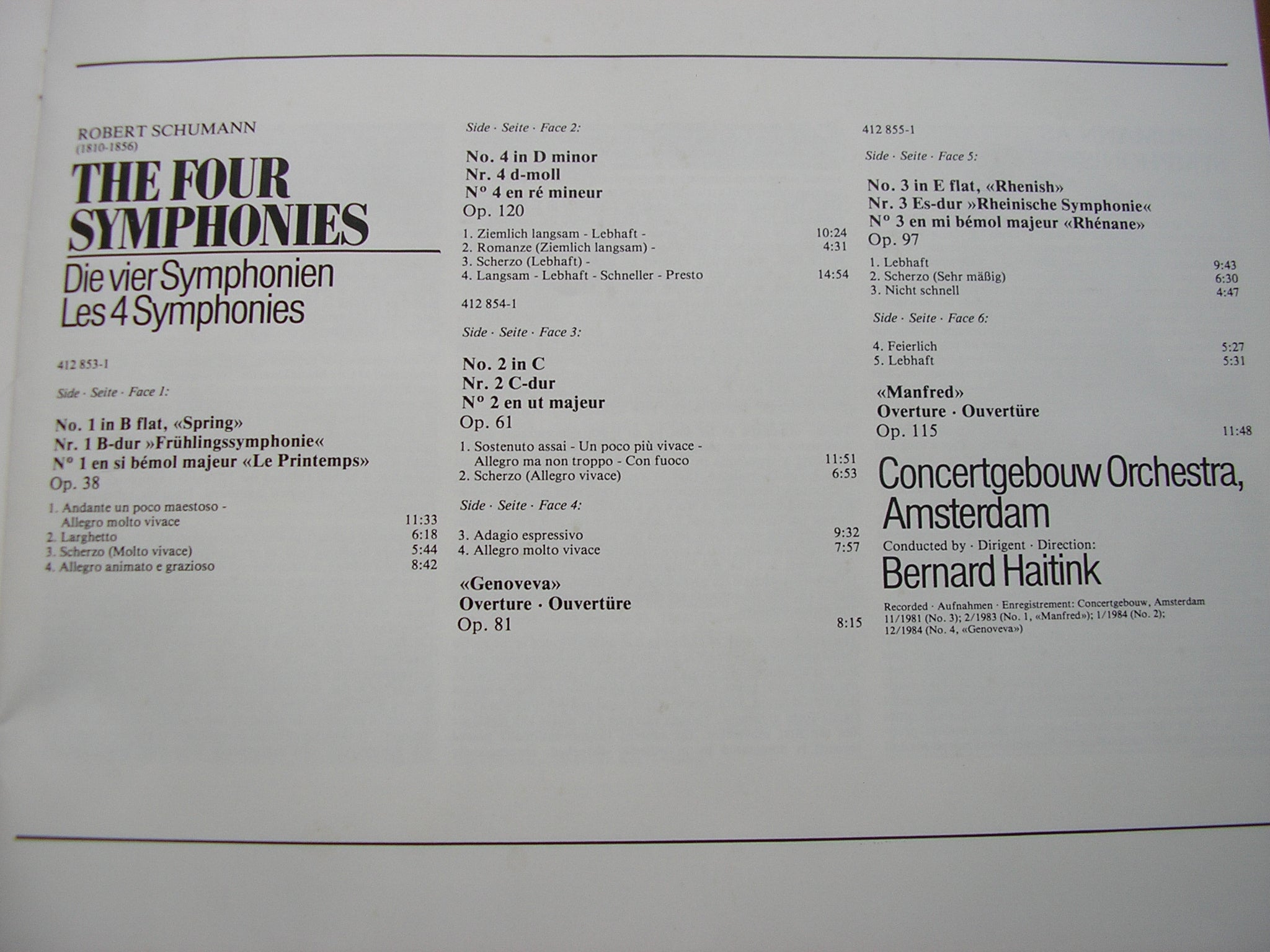 SCHUMANN: THE FOUR SYMPHONIES / TWO OVERTURES      HAITINK / CONCERTGEBOUW ORCHESTRA    3LP    412 852