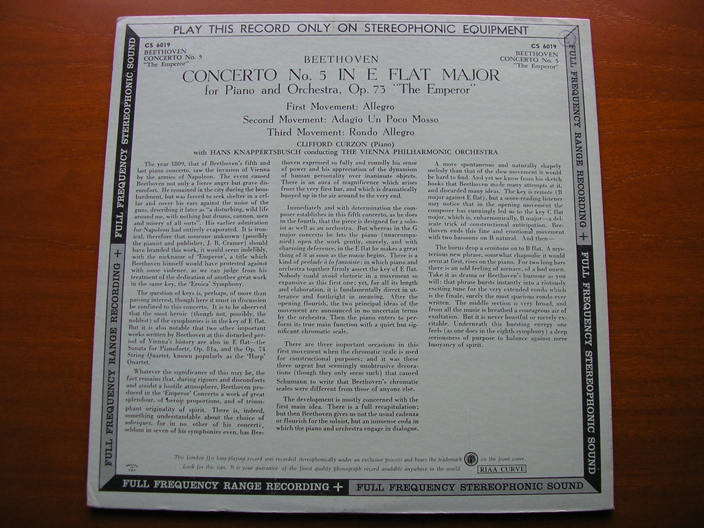 BEETHOVEN: PIANO CONCERTO No. 5     CURZON / VIENNA PHILHARMONIC / KNAPPERTSBUSCH     CS 6019