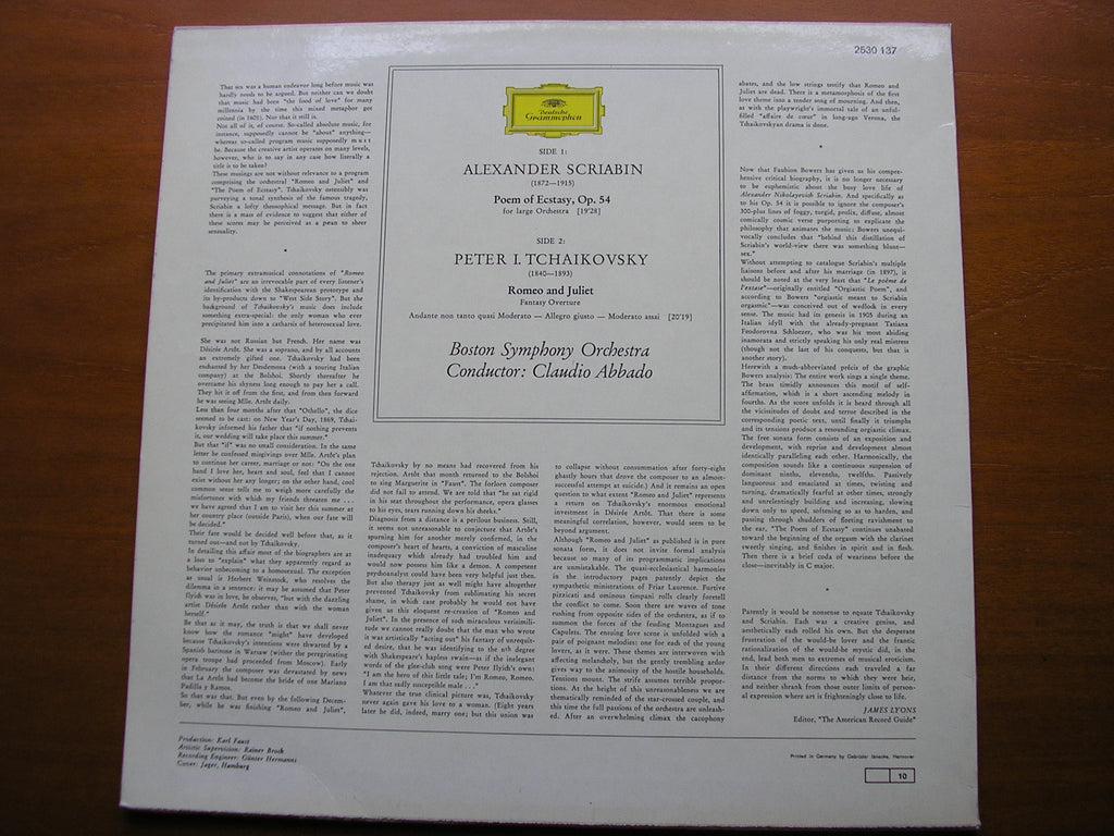 SCRIABIN: POEM OF ECSTASY / TCHAIKOVSKY: ROMEO & JULIET    ABBADO / BOSTON SYMPHONY    2530 137