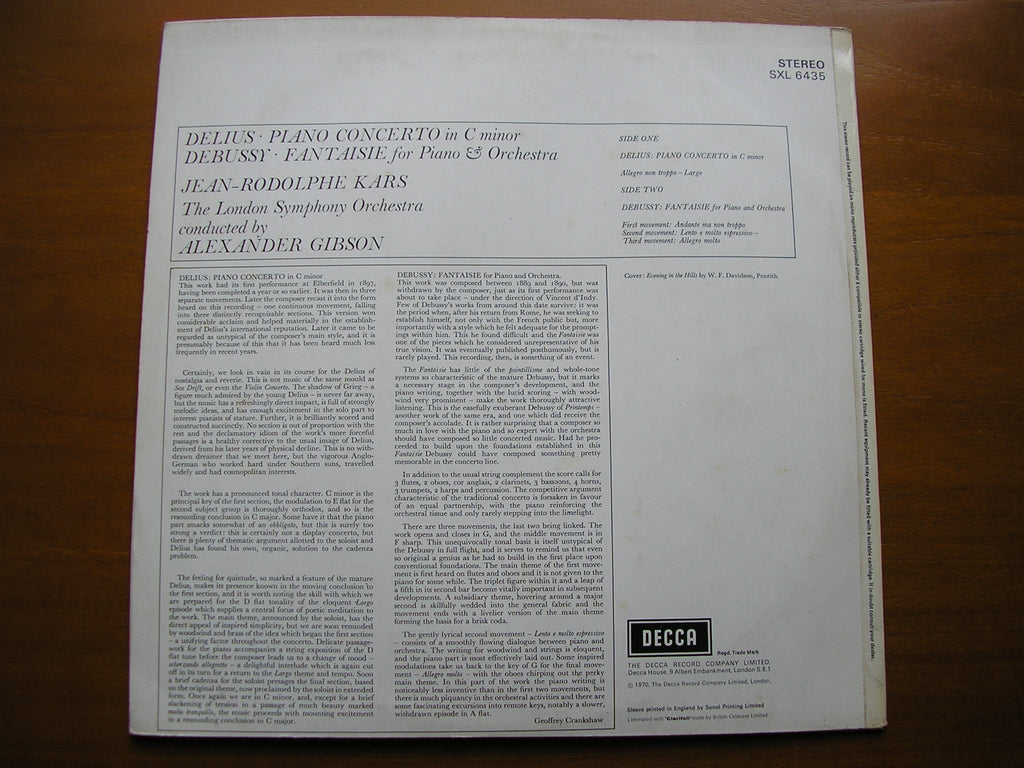 SXL 6435 DELIUS: PIANO CONCERTO / DEBUSSY: FANTAISIE      KARS / LONDON SYMPHONY / GIBSON    ED4