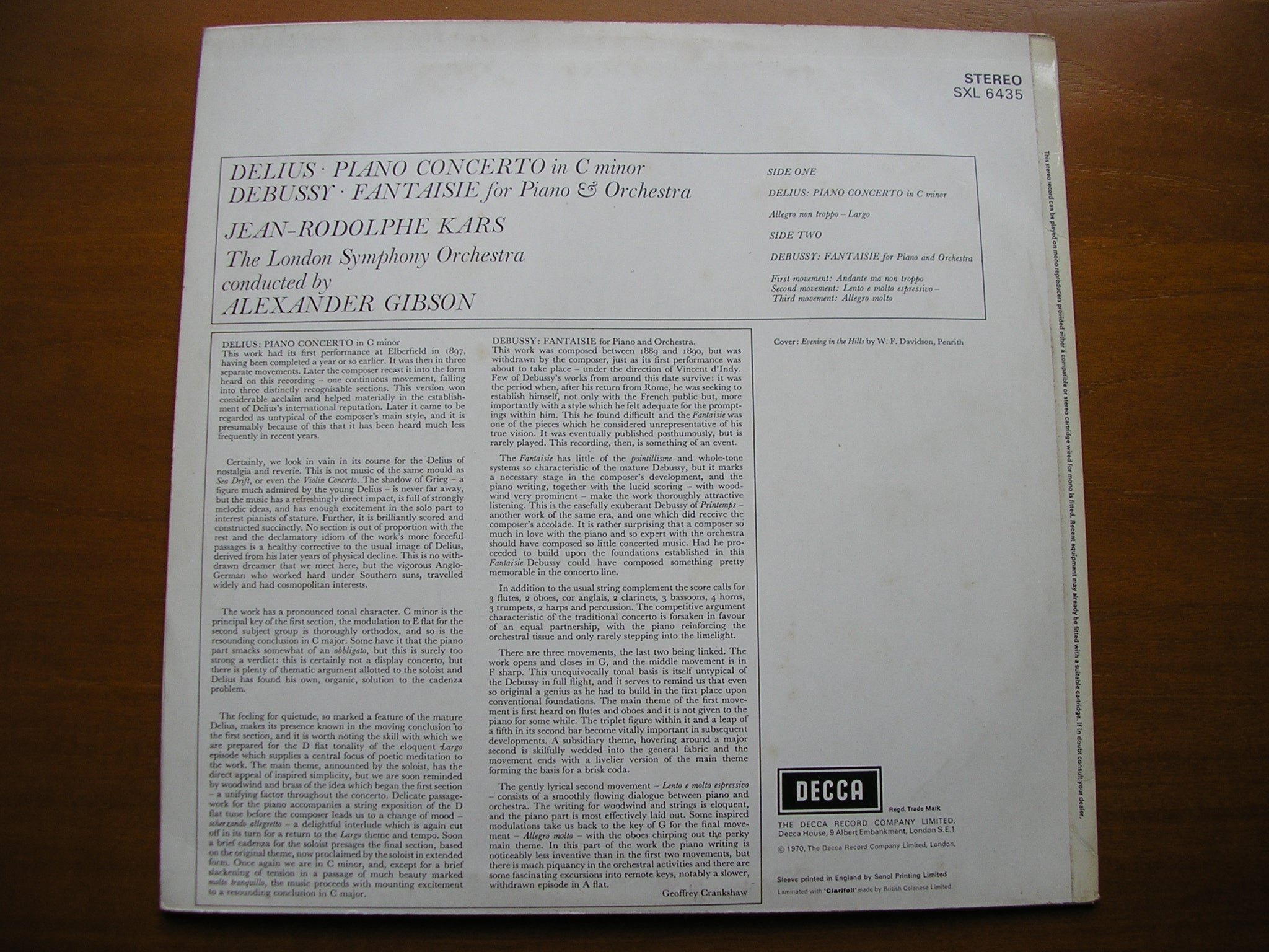 SXL 6435 DELIUS: PIANO CONCERTO / DEBUSSY: FANTAISIE      KARS / LONDON SYMPHONY / GIBSON    ED4