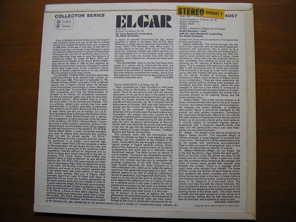 ELGAR: CELLO CONCERTO / ENIGMA VARIATIONS     NAVARRA / HALLE ORCHESTRA / BARBIROLLI     GSGC 14057