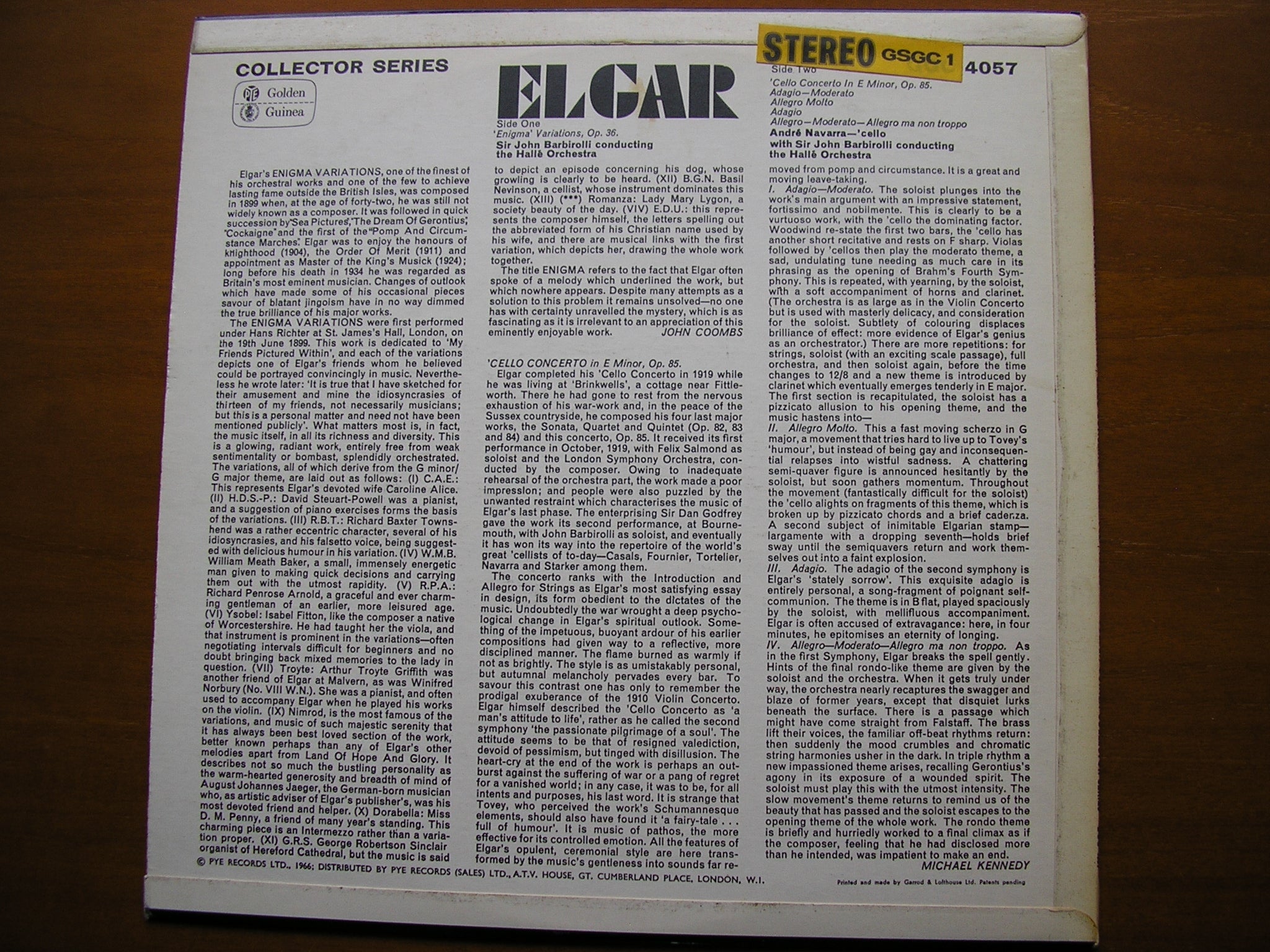 ELGAR: CELLO CONCERTO / ENIGMA VARIATIONS     NAVARRA / HALLE ORCHESTRA / BARBIROLLI     GSGC 14057