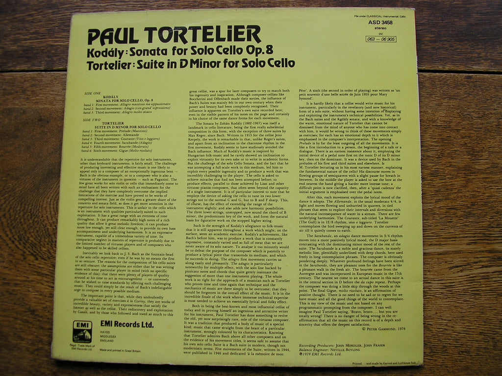KODALY: SONATA FOR SOLO CELLO / TORTELIER: SUITE in D   TORTELIER   ASD 3458