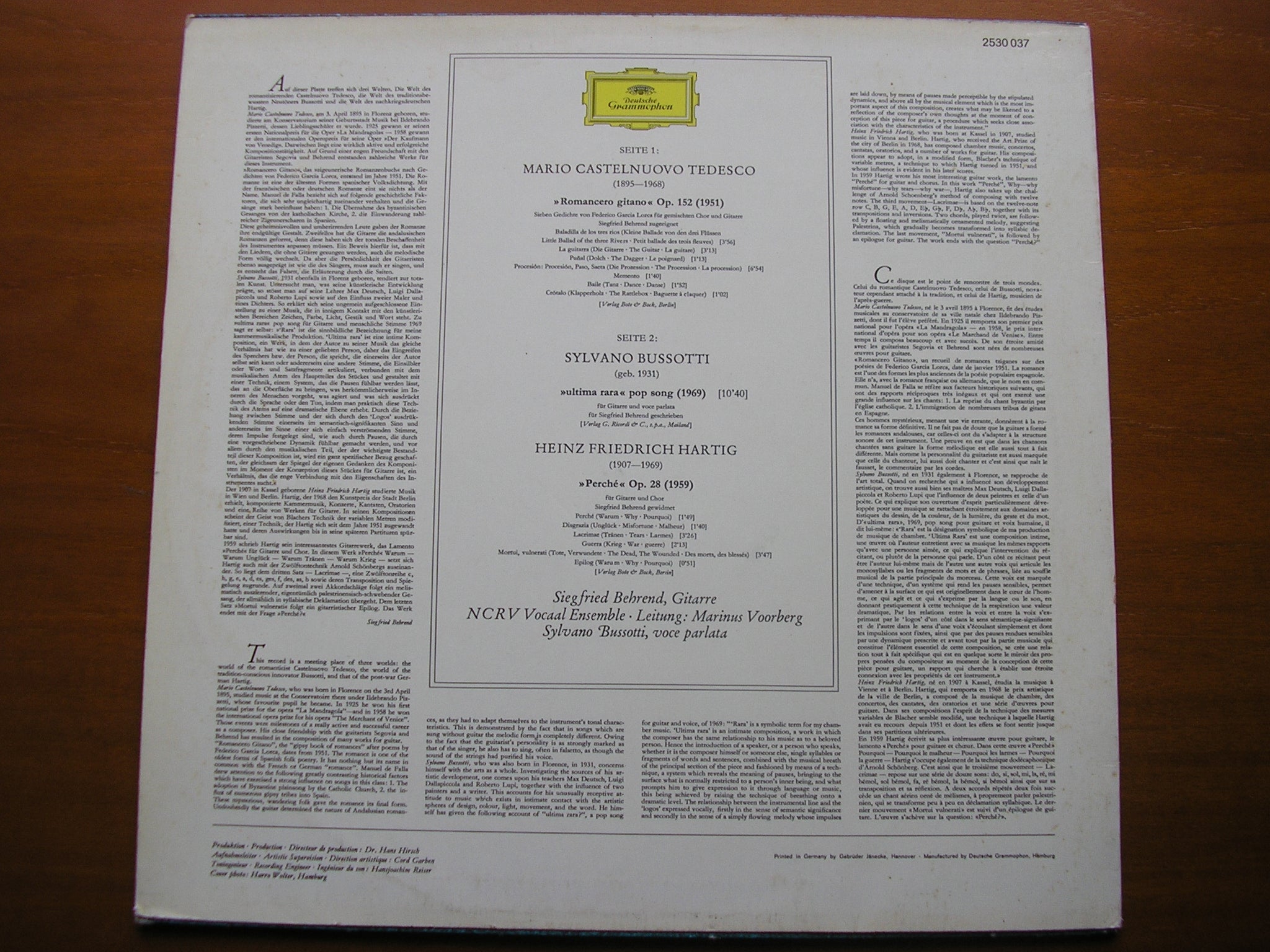 CASTELNUOVO TEDESCO: ROMANCERO GITANO Op. 152 / BUSSOTTI: ULTIMA RARA / HARTIG: PERCHE Op. 28   BEHREND / NCRV VOCAAL ENSEMBLE / VOORBERG     2530 037