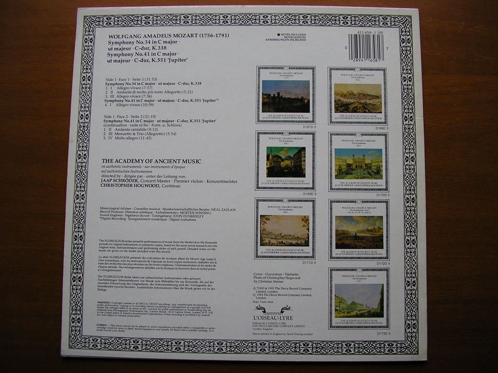 MOZART: SYMPHONIES Nos. 34 & 41 'Jupiter'     HOGWOOD / SCHRODER / THE ACADEMY OF ANCIENT MUSIC     411 658