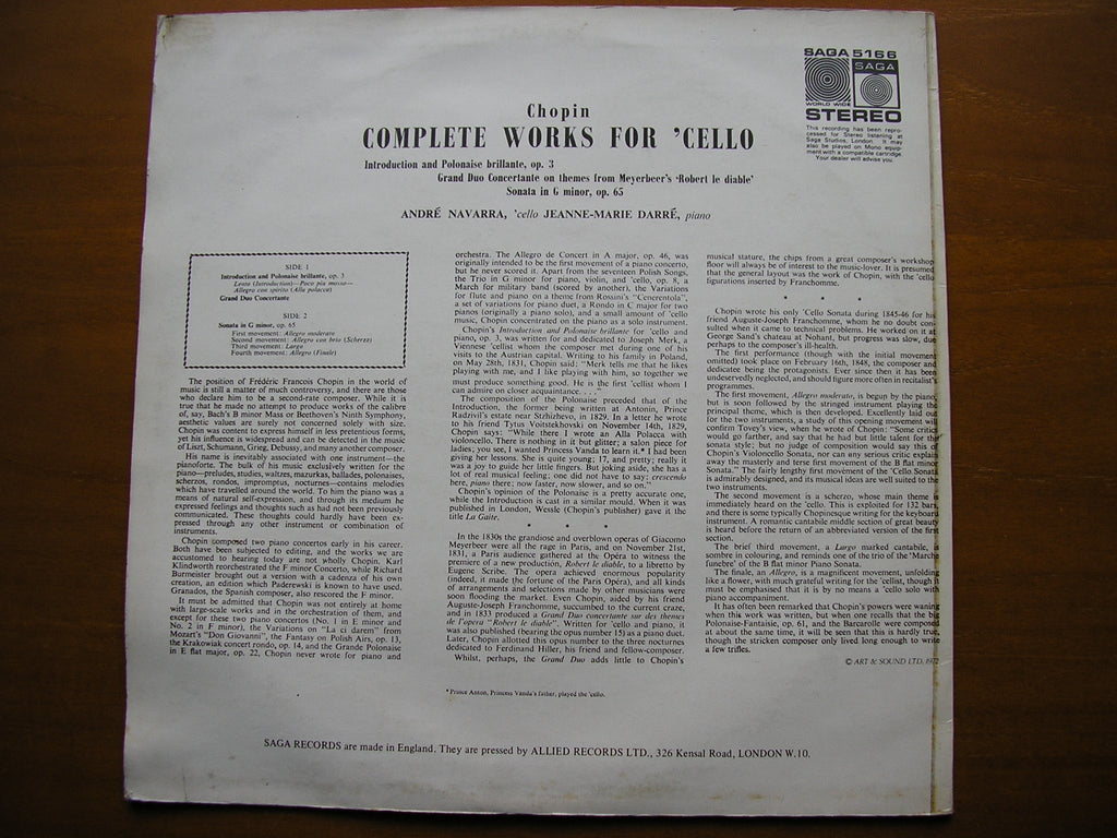 CHOPIN: COMPLETE WORKS FOR CELLO      NAVARRA / DARRE      SAGA 5166