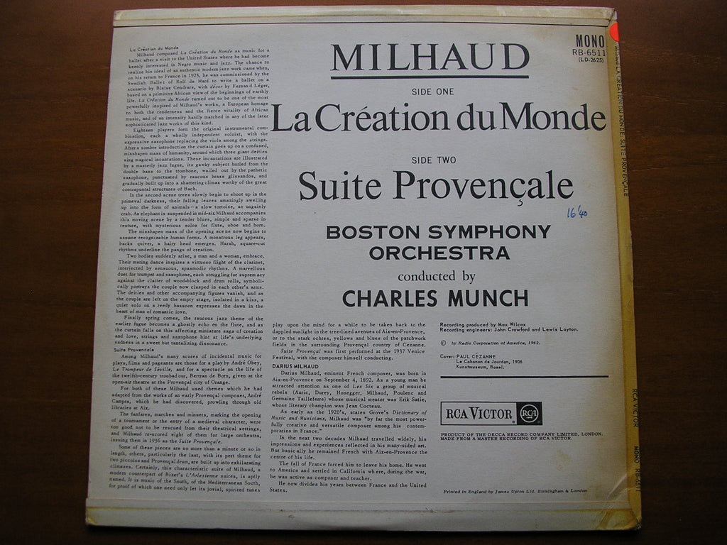 MILHAUD: LA CREATION DU MONDE / SUITE PROVENCALE      MUNCH / BOSTON SYMPHONY   test pressing  SB 6511