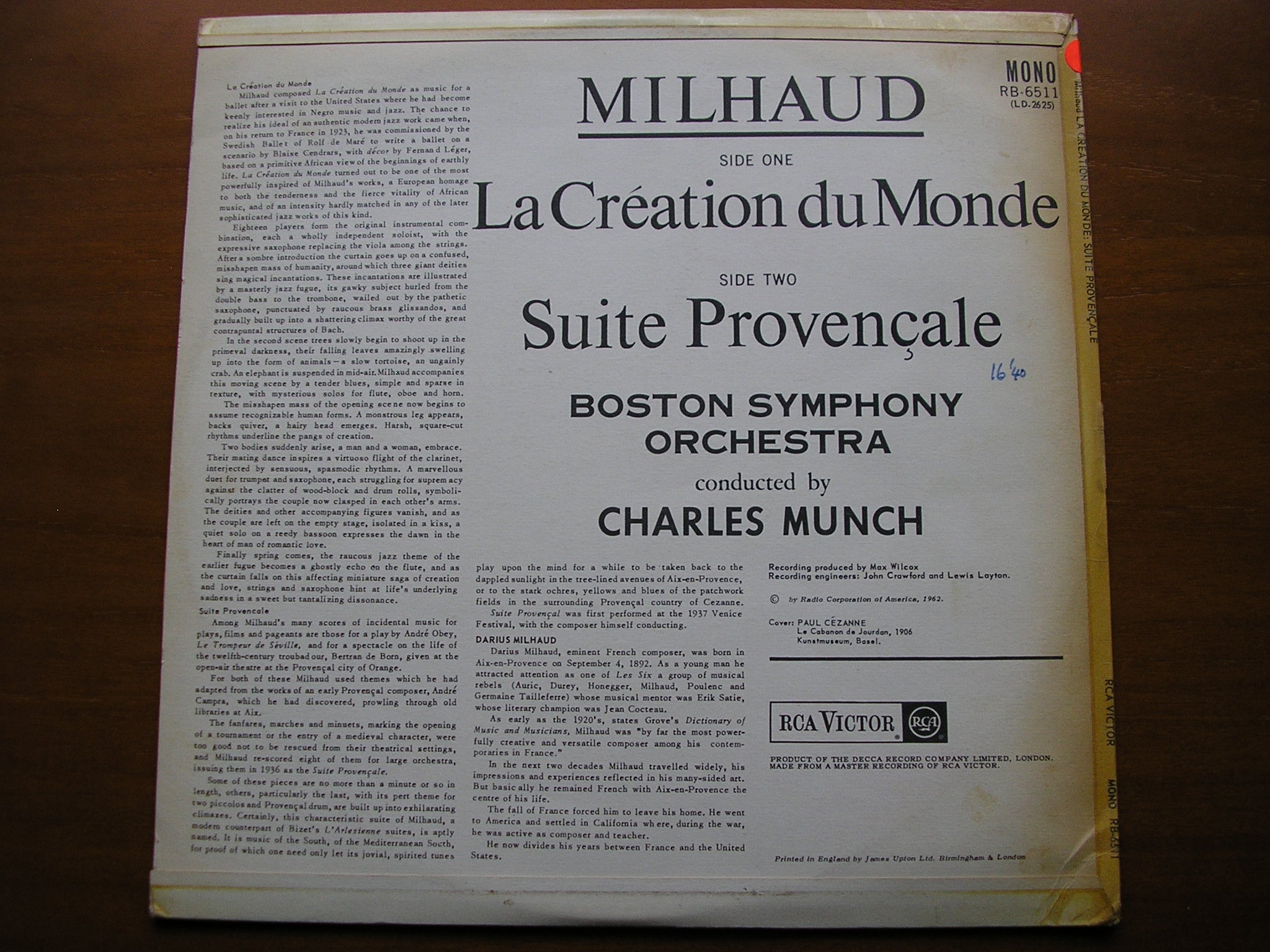 MILHAUD: LA CREATION DU MONDE / SUITE PROVENCALE      MUNCH / BOSTON SYMPHONY   test pressing  SB 6511