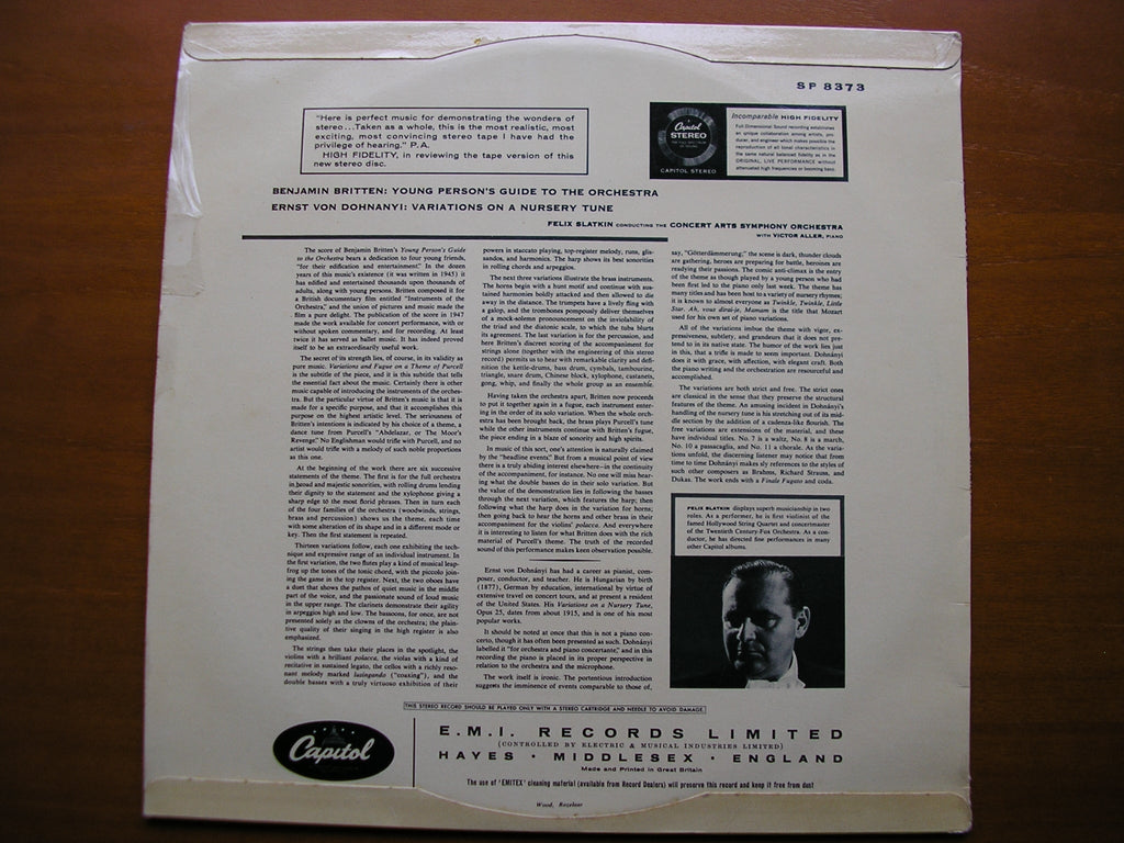 BRITTEN: YOUNG PERSON'S GUIDE TO THE ORCHESTRA / DOHNANYI: VARIATION ON A NURSERY THEME / CONCERT ARTS / SLATKIN    SP 8373