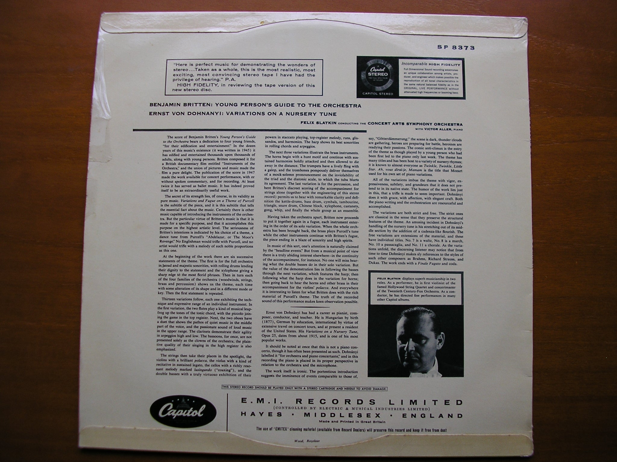 BRITTEN: YOUNG PERSON'S GUIDE TO THE ORCHESTRA / DOHNANYI: VARIATION ON A NURSERY THEME / CONCERT ARTS / SLATKIN    SP 8373