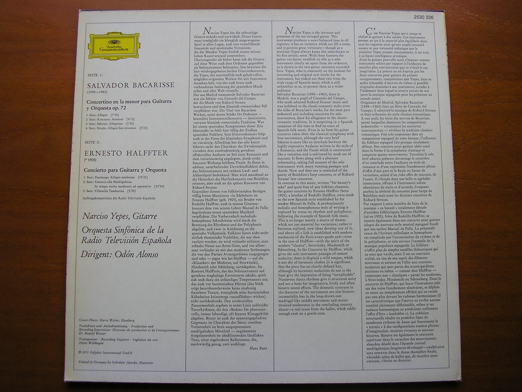 BACARISSE: CONCERTINO FOR GUITAR / HALFFTER: GUITAR CONCERTO    YEPES / SPANISH RADIO ORCHESTRA / ODON ALONSO    2530 326