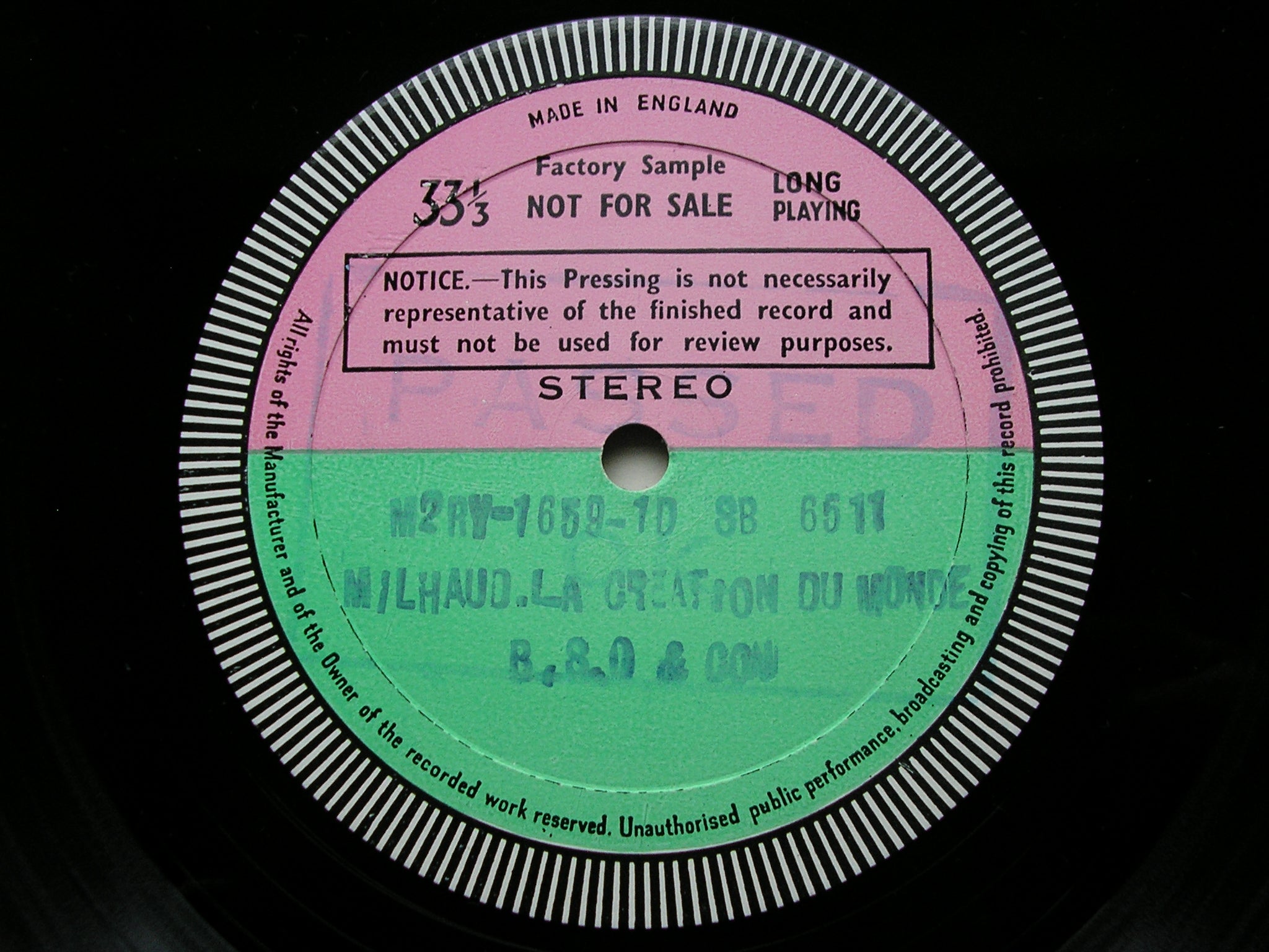 MILHAUD: LA CREATION DU MONDE / SUITE PROVENCALE      MUNCH / BOSTON SYMPHONY   test pressing  SB 6511
