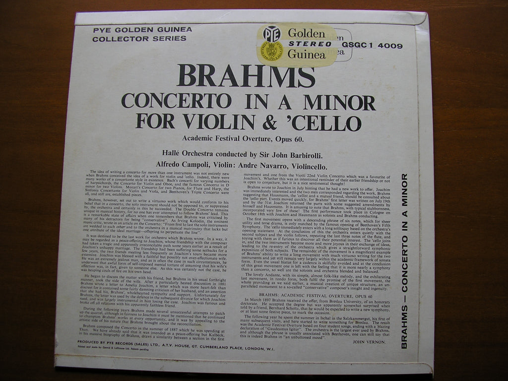 BRAHMS: CONCERTO FOR VIOLIN & CELLO     CAMPOLI / NAVARRA / HALLE ORCHESTRA / BARBIROLLI   GSGC 14009