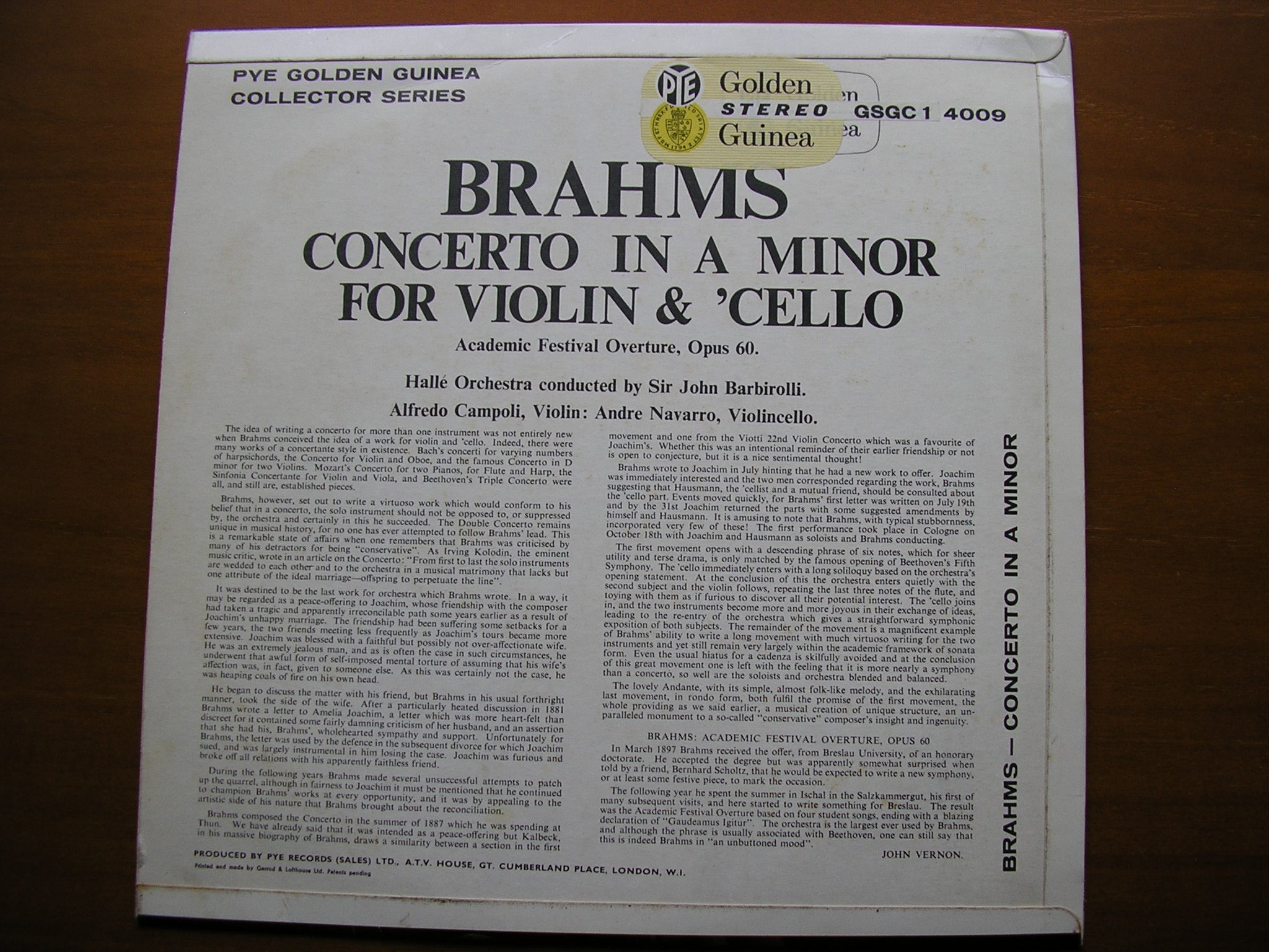 BRAHMS: CONCERTO FOR VIOLIN & CELLO     CAMPOLI / NAVARRA / HALLE ORCHESTRA / BARBIROLLI   GSGC 14009