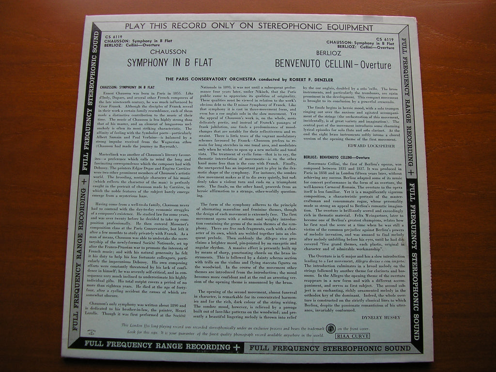 CHAUSSON: SYMPHONY / BERLIOZ: OVERTURE Benvenuto Cellini      DENZLER / PARIS CONSERVATOIRE      CS 6119