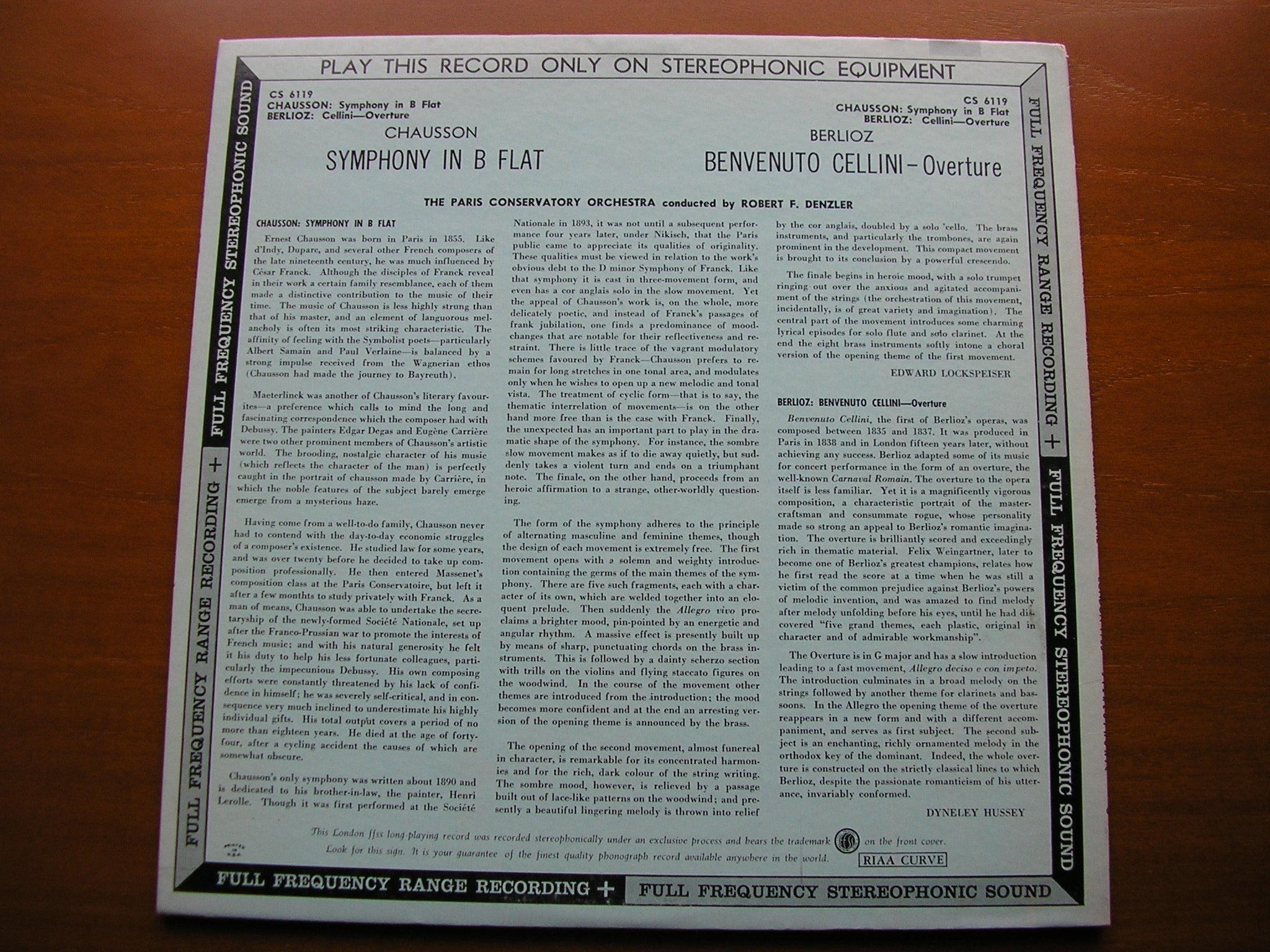 CHAUSSON: SYMPHONY / BERLIOZ: OVERTURE Benvenuto Cellini      DENZLER / PARIS CONSERVATOIRE      CS 6119