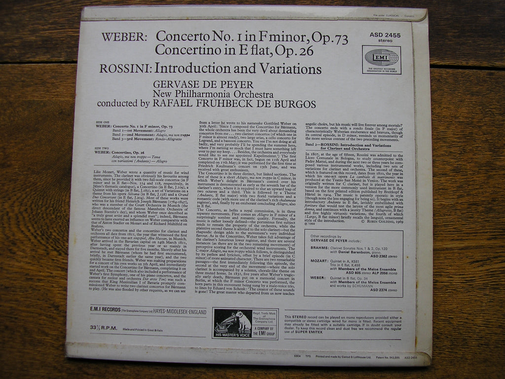 WEBER: CLARINET CONCERTO No. 1 / CONCERTINO / ROSSINI: THEME & VARIATIONS    DE PEYER / DE BURGOS / NEW PHILHARMONIA   ASD 2455