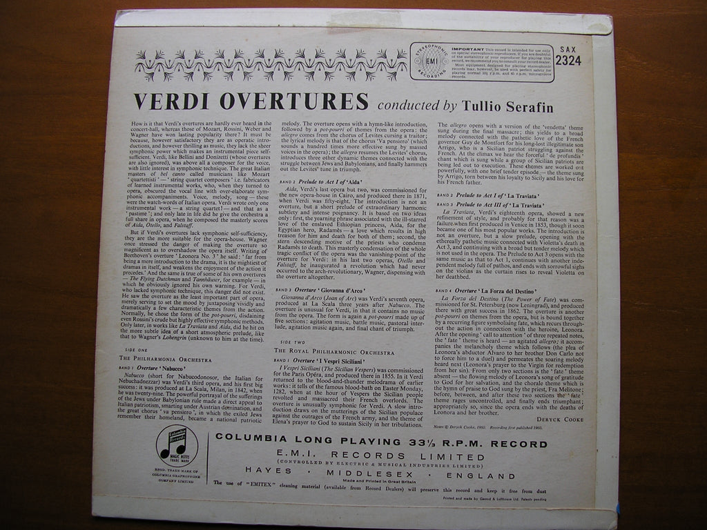 VERDI: OVERTURES      SERAFIN / PHILHARMONIA ORCHESTRA / ROYAL PHILHARMONIC     SAX 2324